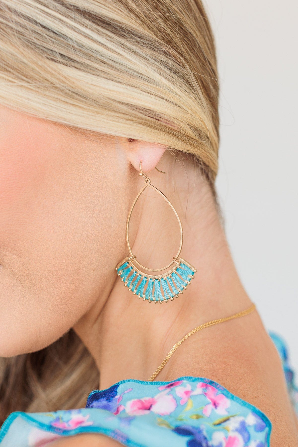 Save The Drama Gold Dangle Earrings- Turquoise