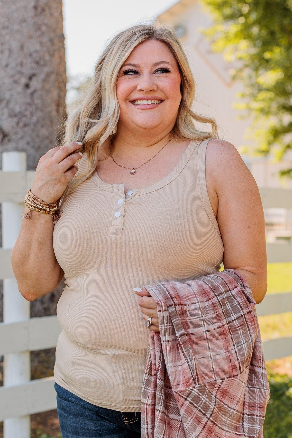Uplifting Spirits Button Henley Tank Top- Taupe