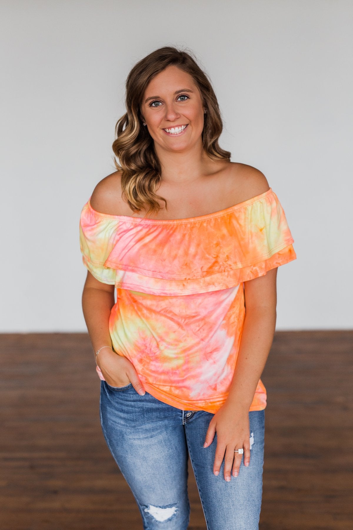 Light Of Every Sunrise Ruffle Top- Neon Orange, Pink, & Yellow