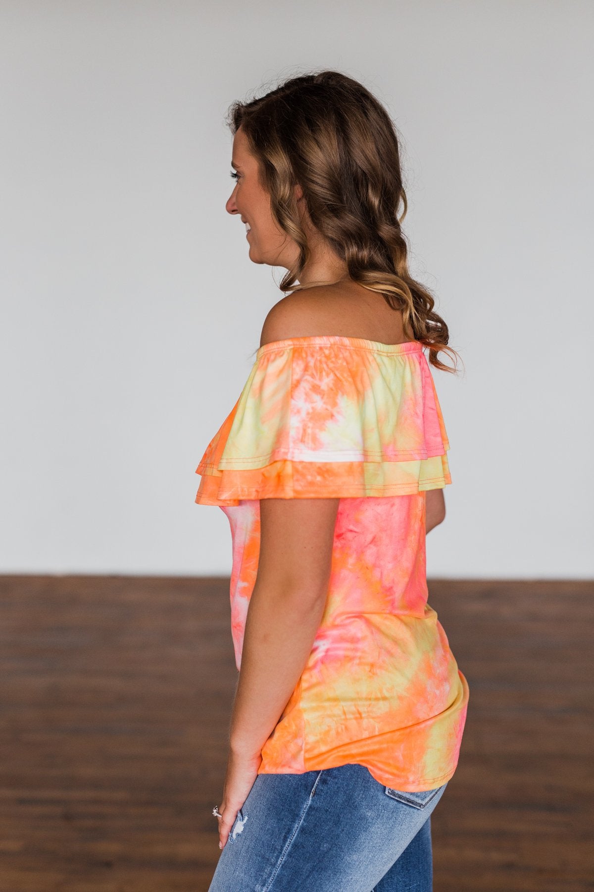 Light Of Every Sunrise Ruffle Top- Neon Orange, Pink, & Yellow