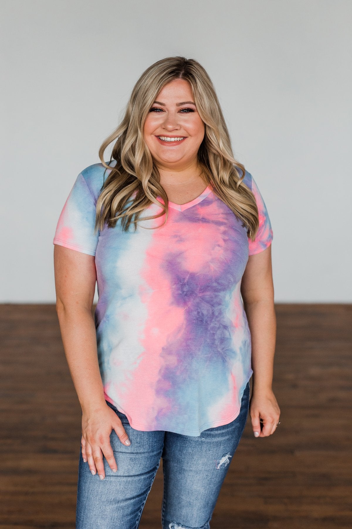 Draw Me Closer Tie Dye V-Neck Top- Blue, Pink, Purple