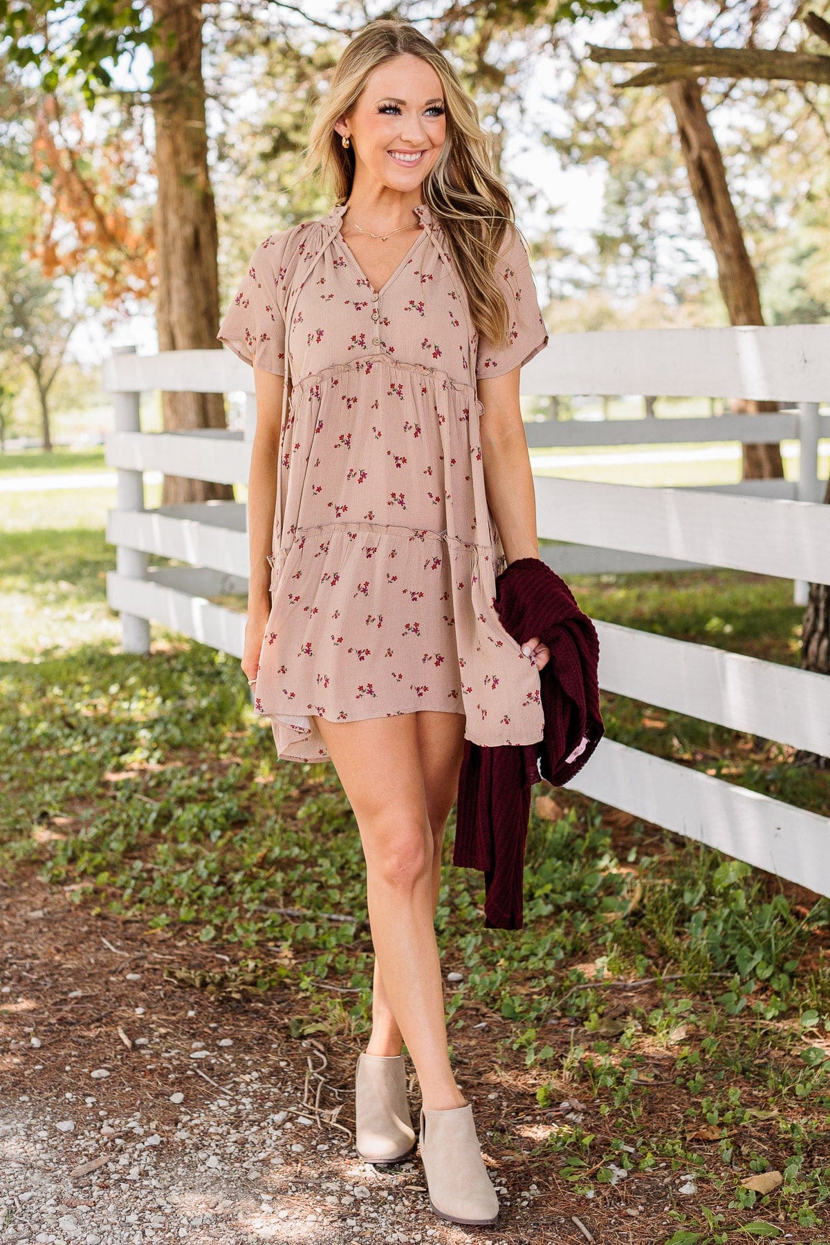 No Doubt About It Ruffled Mini Dress- Taupe