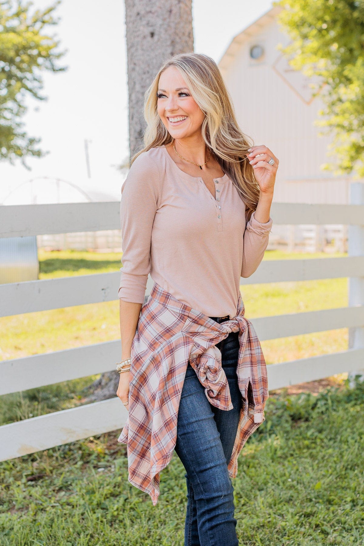 Rise To The Top Long Sleeve Henley Top- Beige