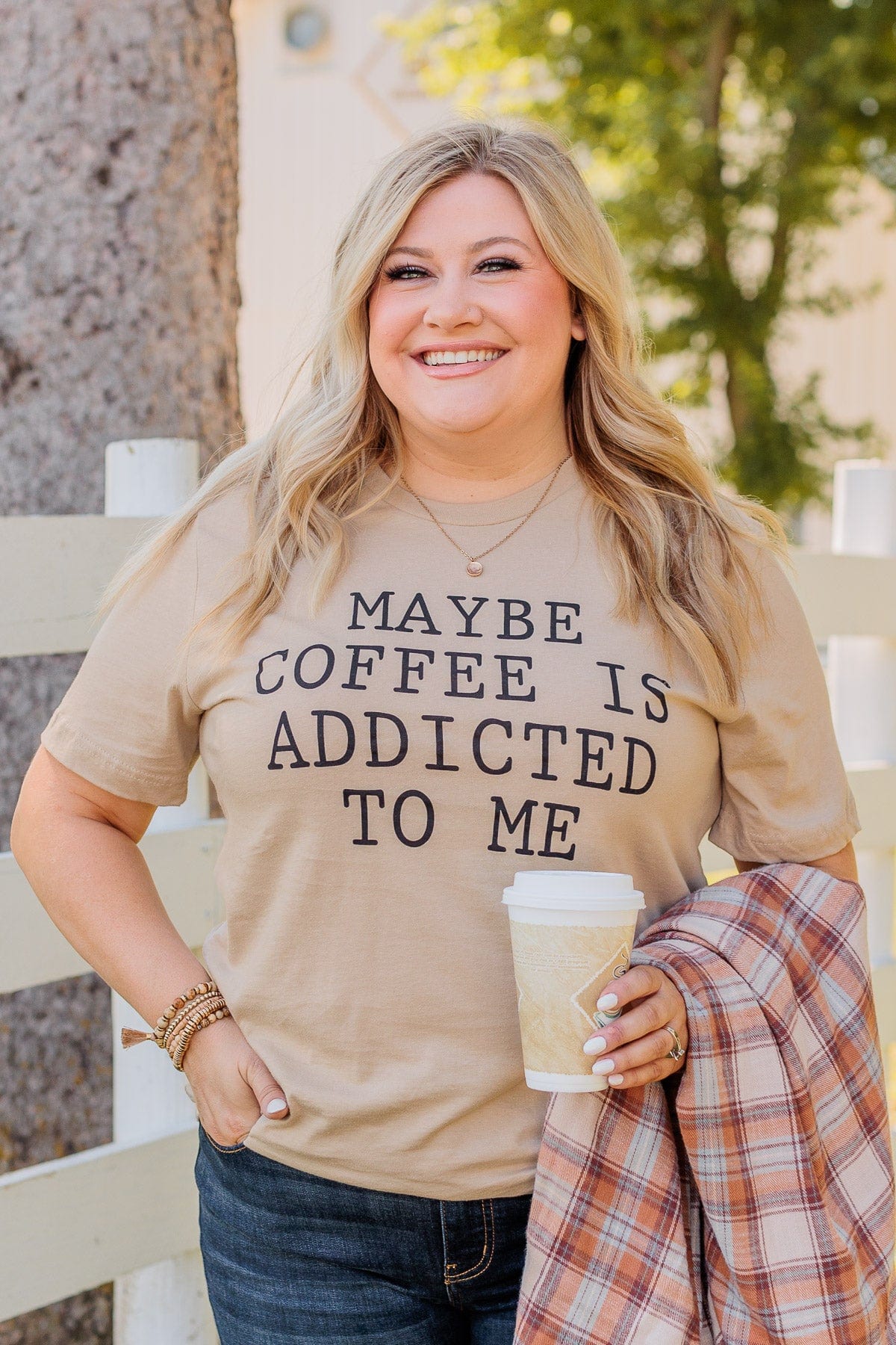"Maybe Coffee Is Addicted To Me" Graphic Tee- Taupe