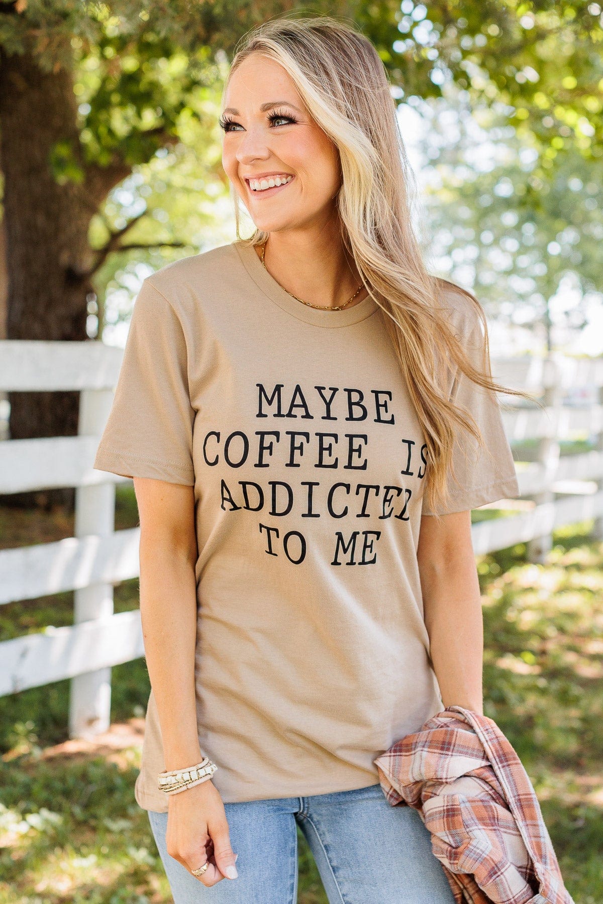 "Maybe Coffee Is Addicted To Me" Graphic Tee- Taupe