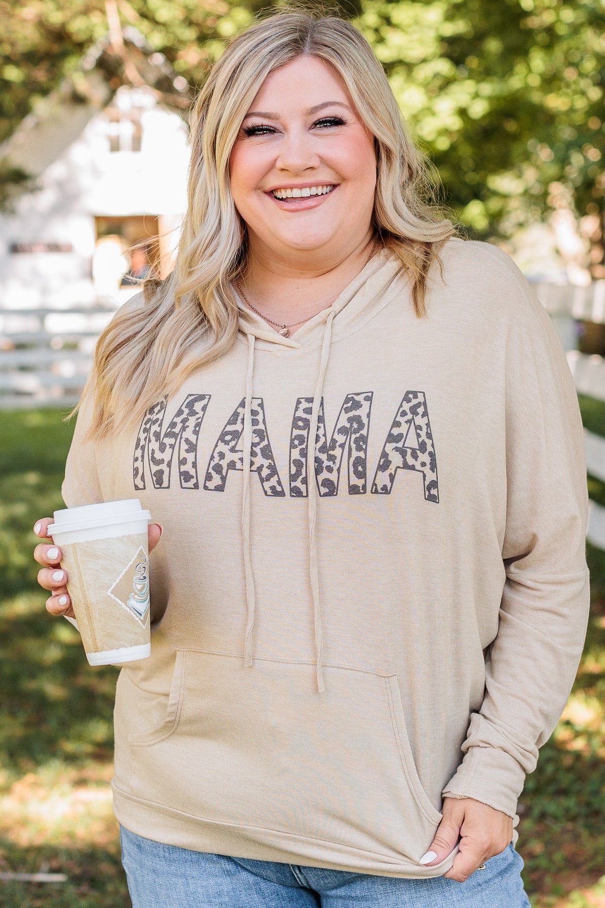 "Mama" Lightweight Drawstring Hoodie- Beige