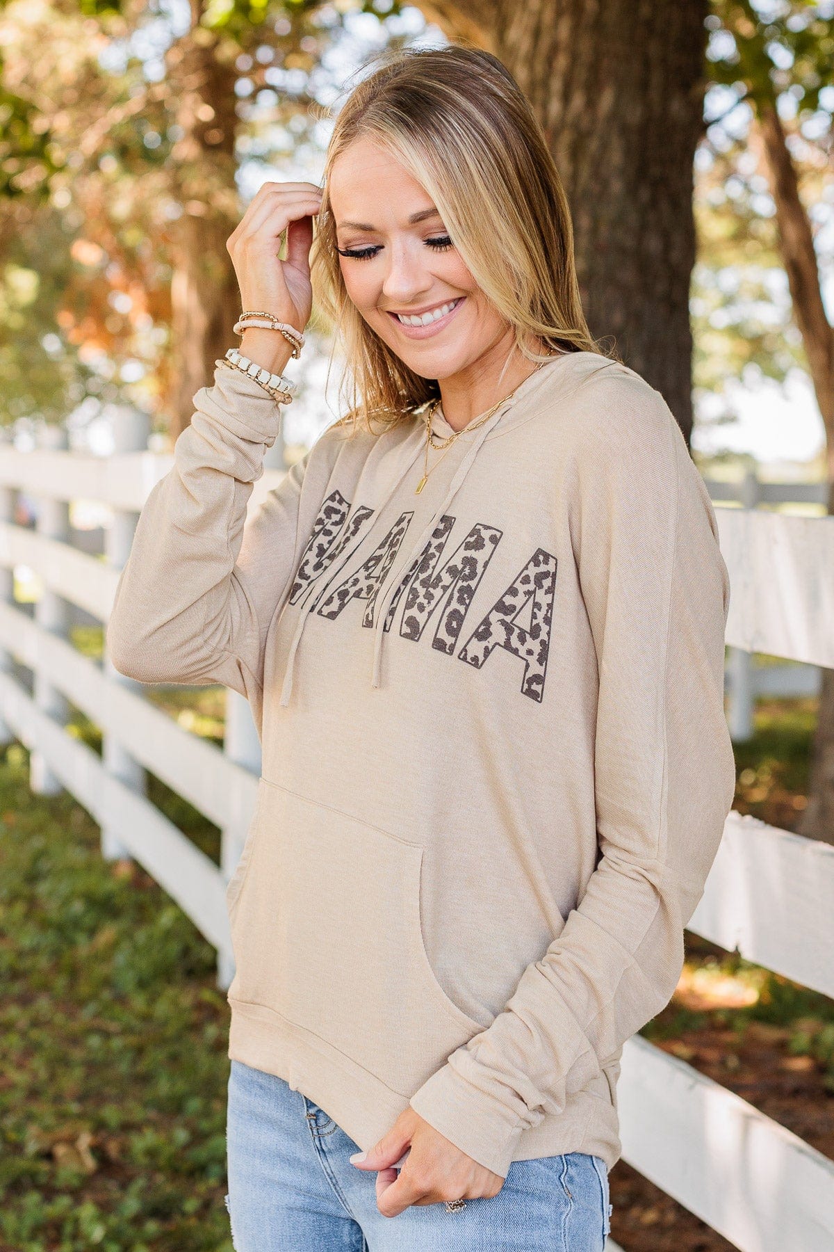 "Mama" Lightweight Drawstring Hoodie- Beige
