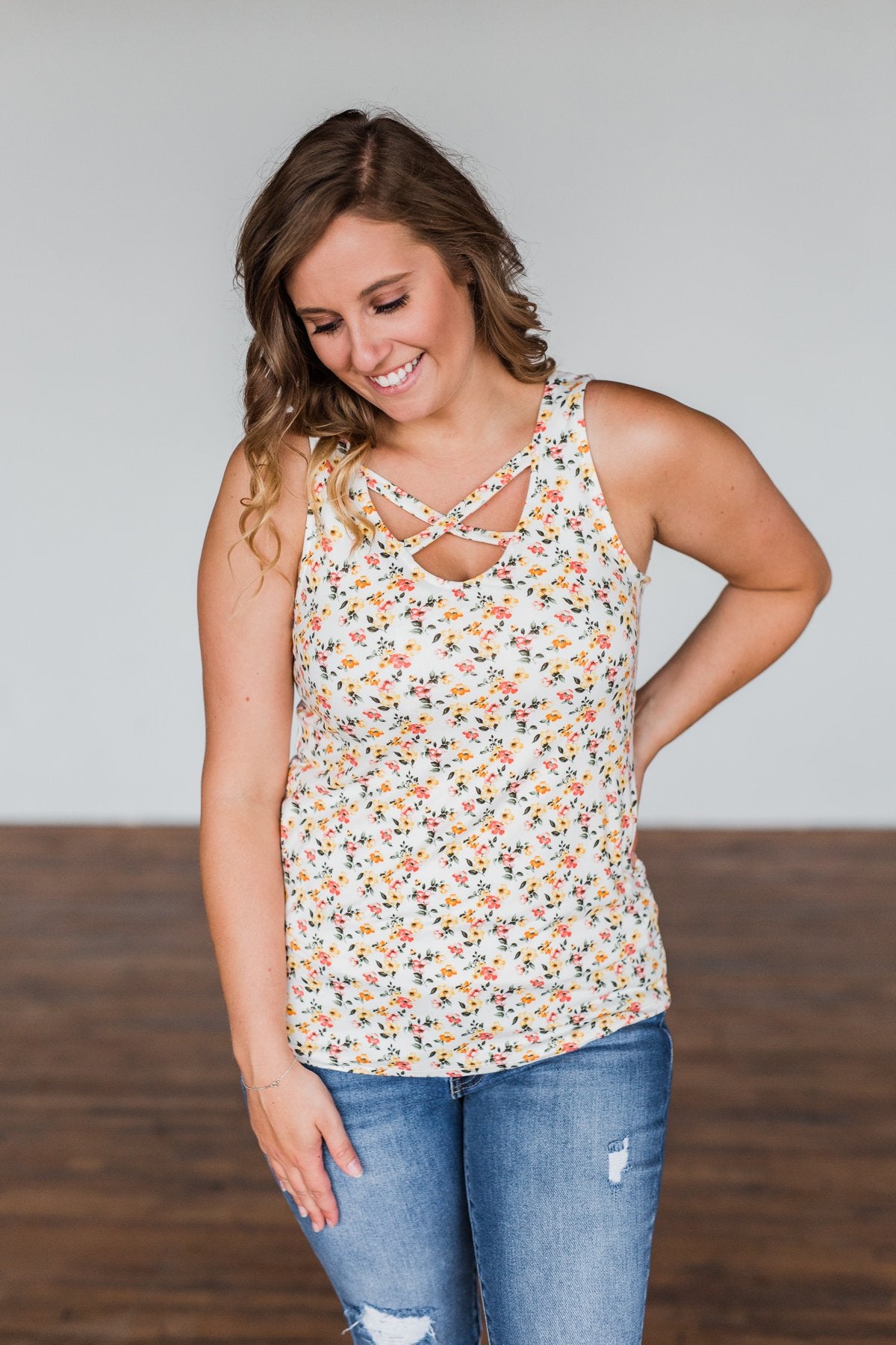 Sunny Smiles Floral Criss-Cross Tank Top- Ivory