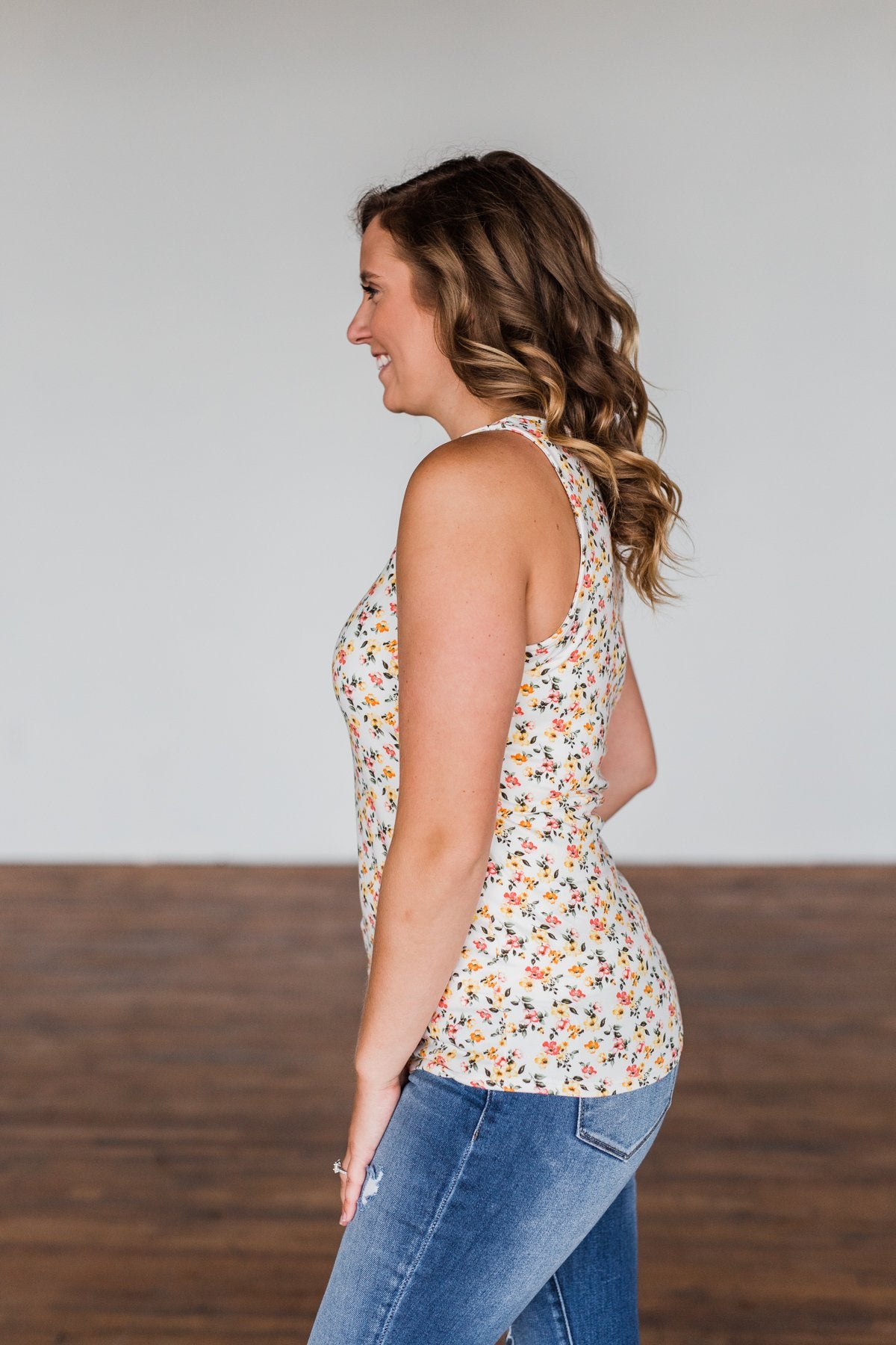 Sunny Smiles Floral Criss-Cross Tank Top- Ivory