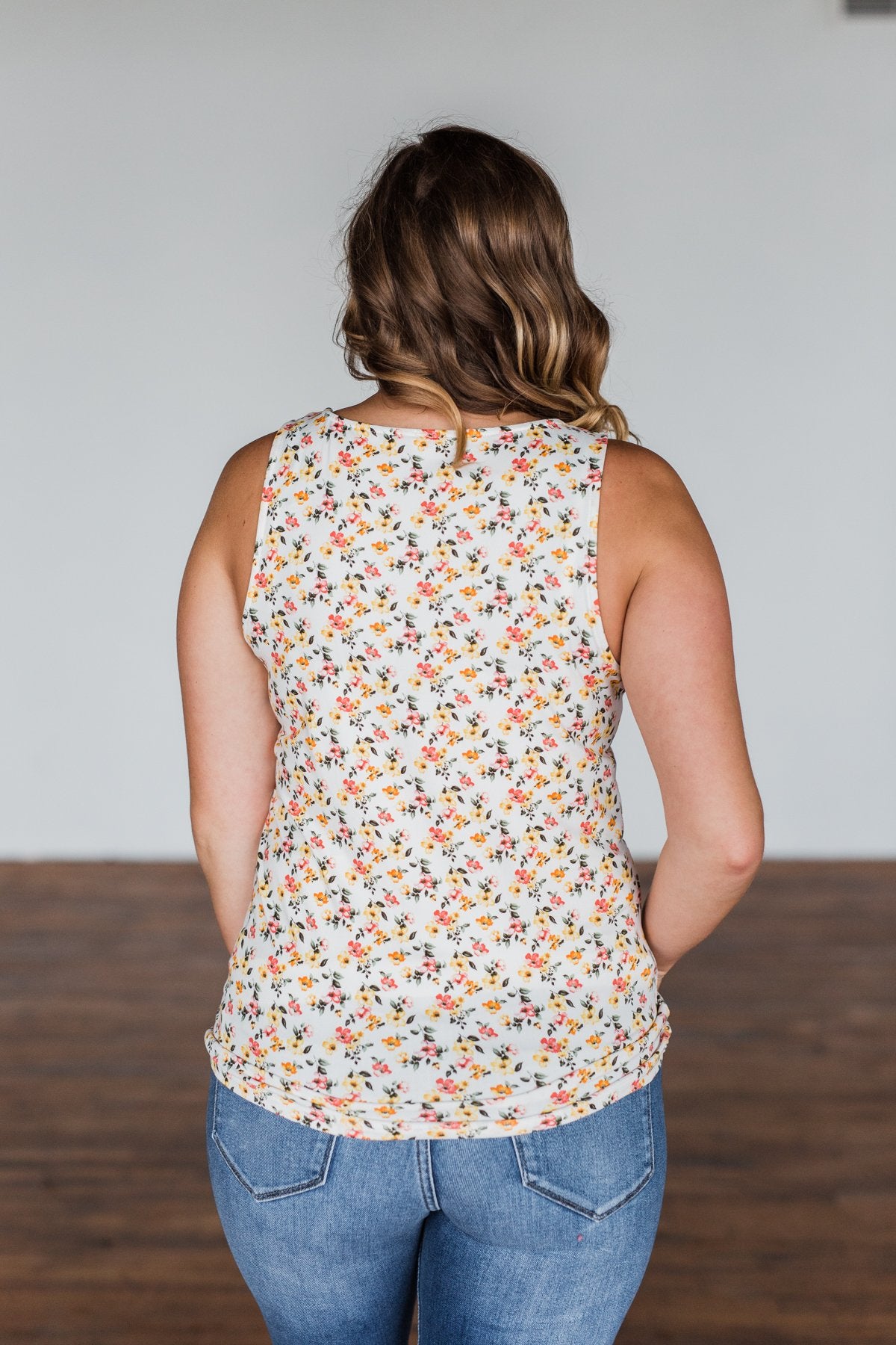 Sunny Smiles Floral Criss-Cross Tank Top- Ivory