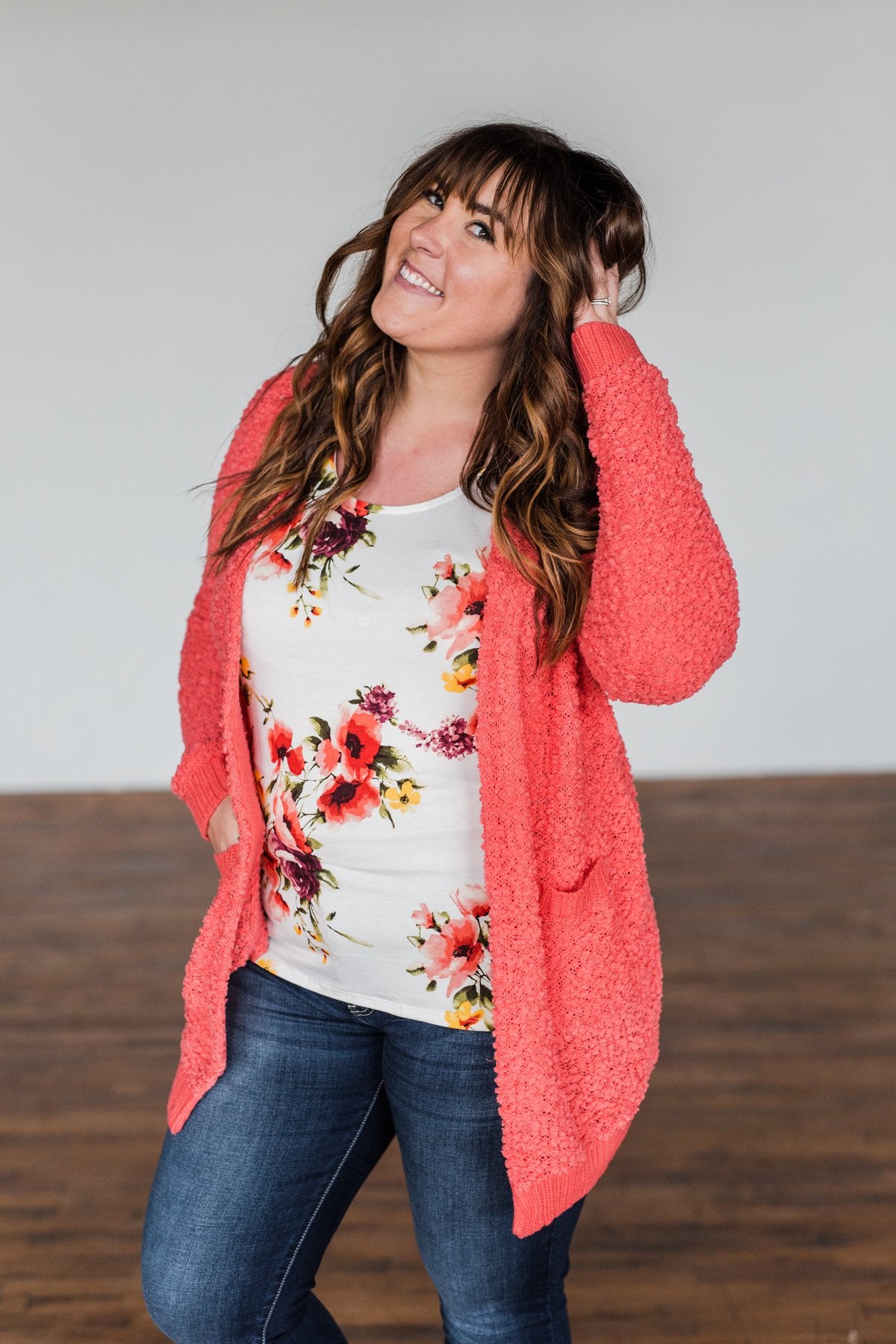Stealing Glances Popcorn Knit Cardigan- Coral