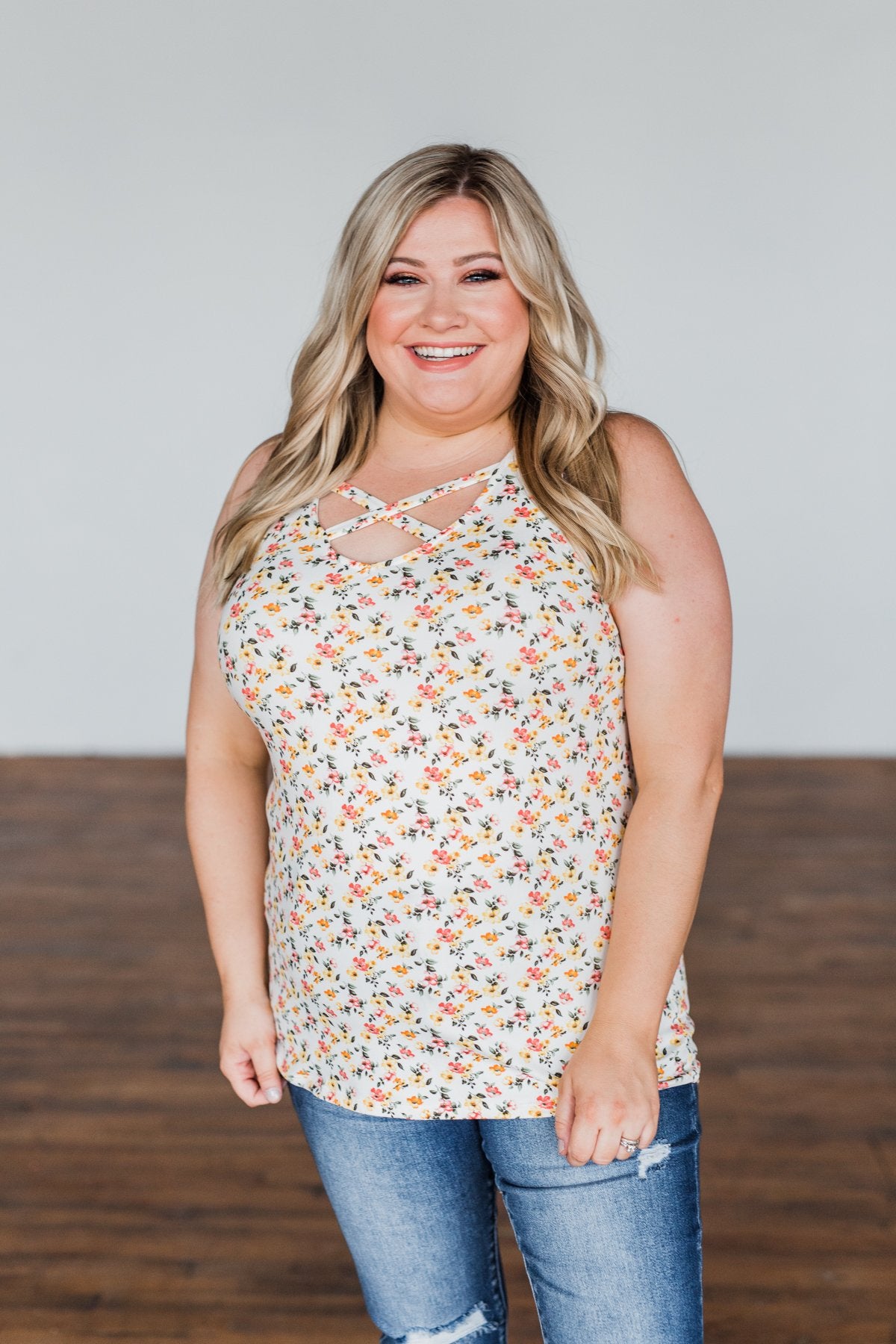 Sunny Smiles Floral Criss-Cross Tank Top- Ivory
