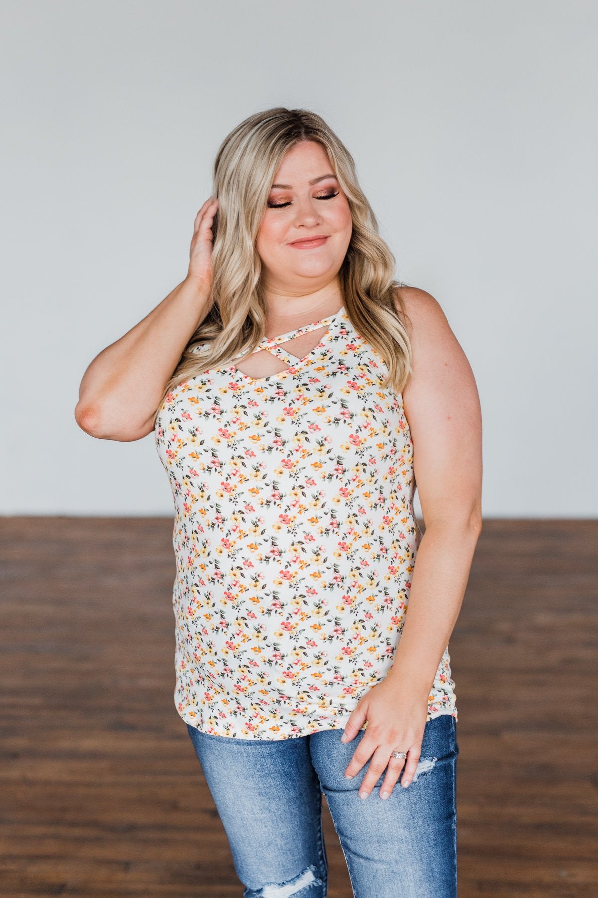 Sunny Smiles Floral Criss-Cross Tank Top- Ivory