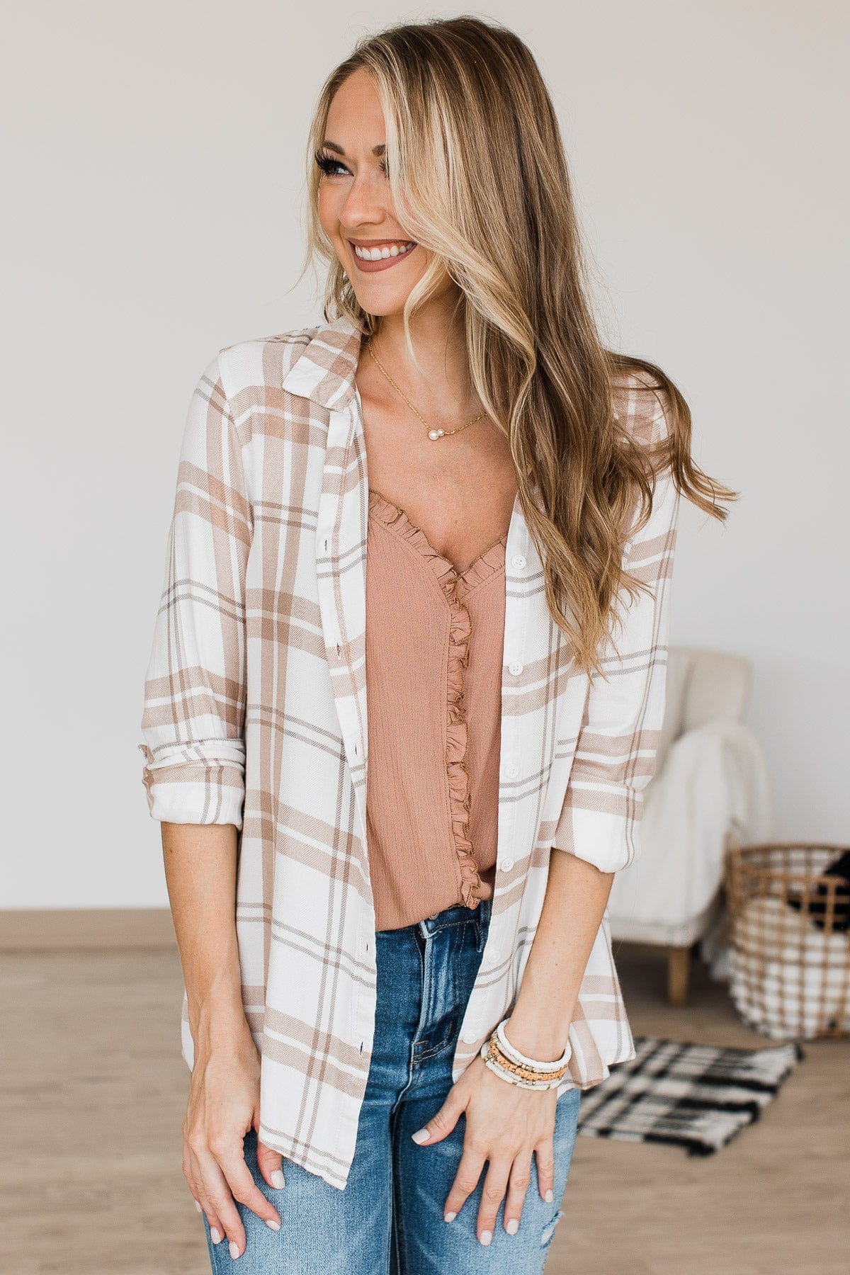 Thread & Supply Can't Stop Me Now Plaid Top- Ivory & Beige