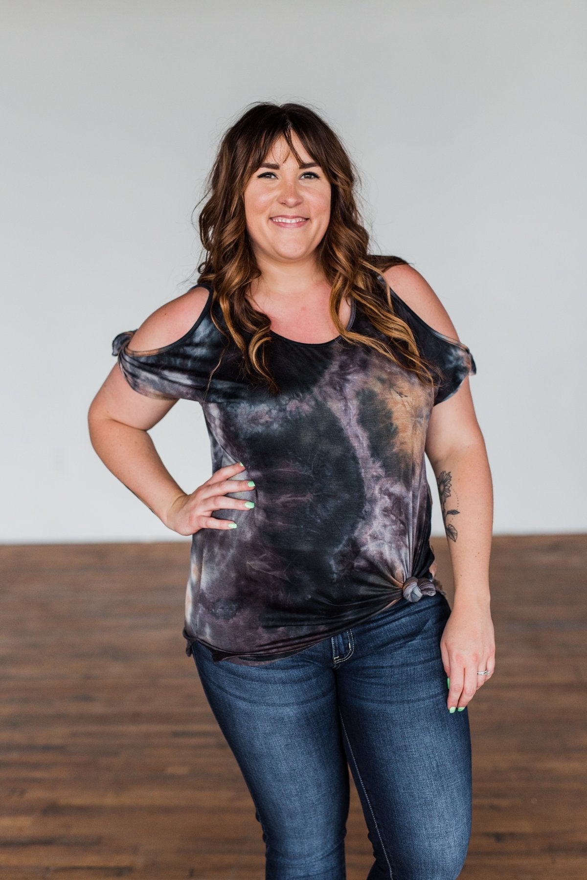 Thrill Of It Cold Shoulder Tie Dye Top- Navy & Brown