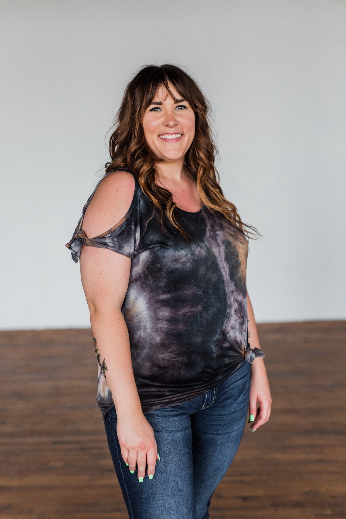 Thrill Of It Cold Shoulder Tie Dye Top- Navy & Brown