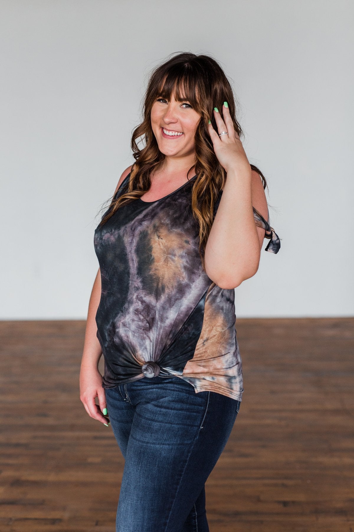 Thrill Of It Cold Shoulder Tie Dye Top- Navy & Brown