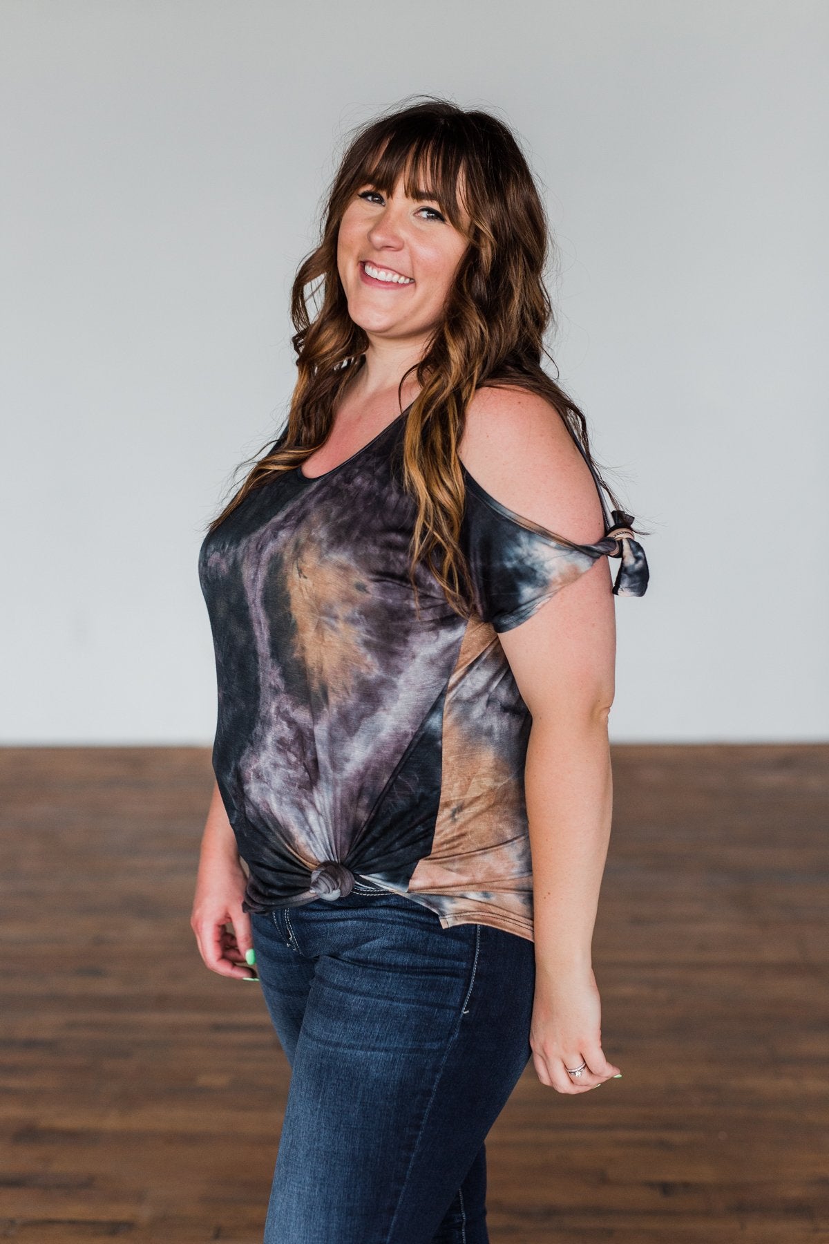 Thrill Of It Cold Shoulder Tie Dye Top- Navy & Brown