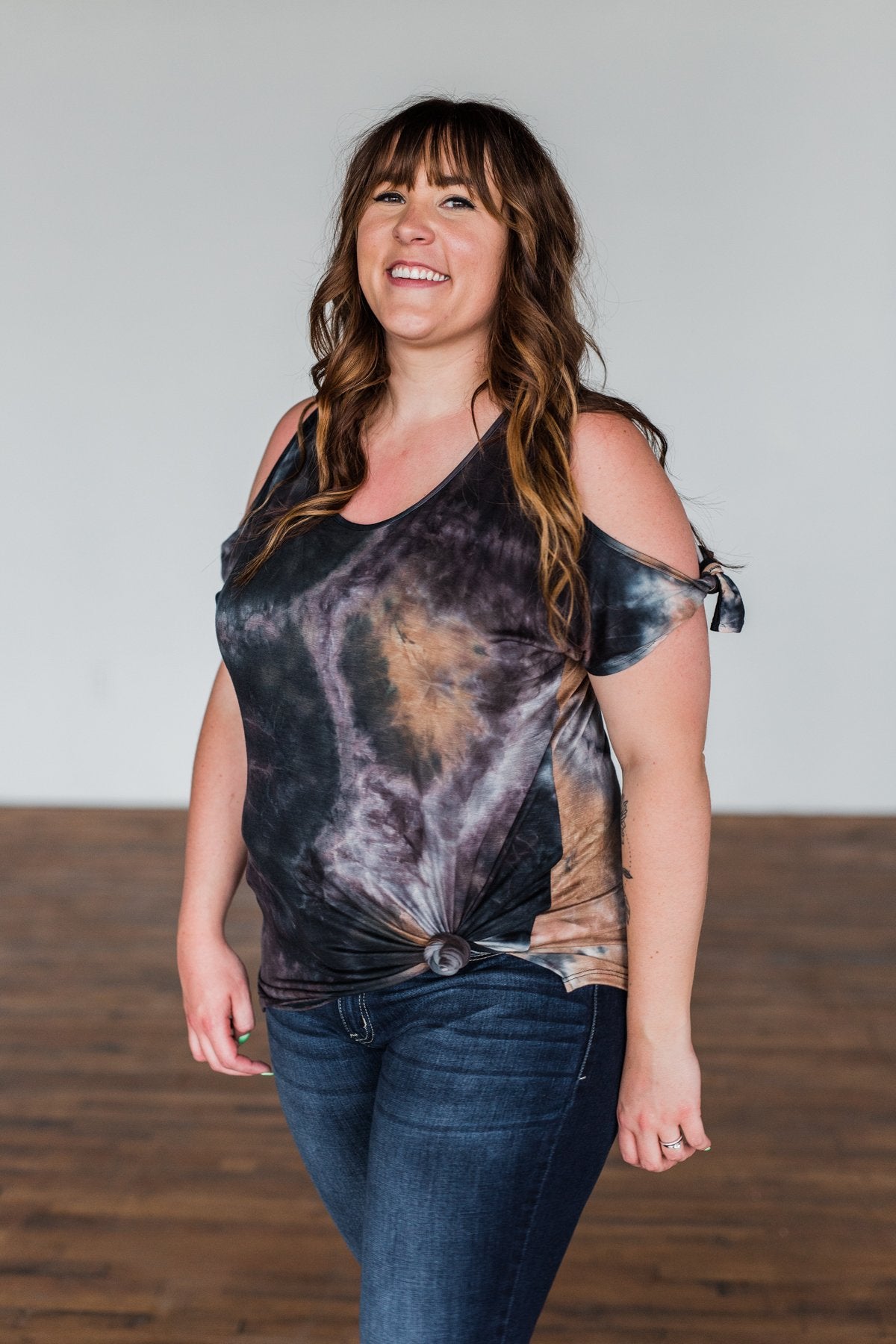 Thrill Of It Cold Shoulder Tie Dye Top- Navy & Brown