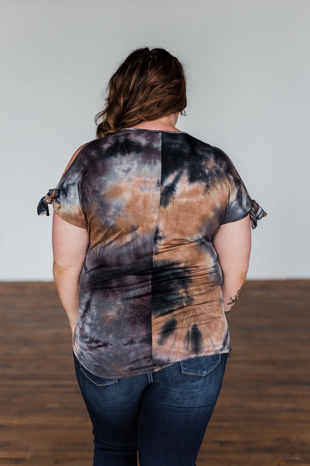 Thrill Of It Cold Shoulder Tie Dye Top- Navy & Brown