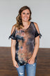 Thrill Of It Cold Shoulder Tie Dye Top- Navy & Brown
