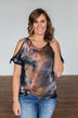 Thrill Of It Cold Shoulder Tie Dye Top- Navy & Brown