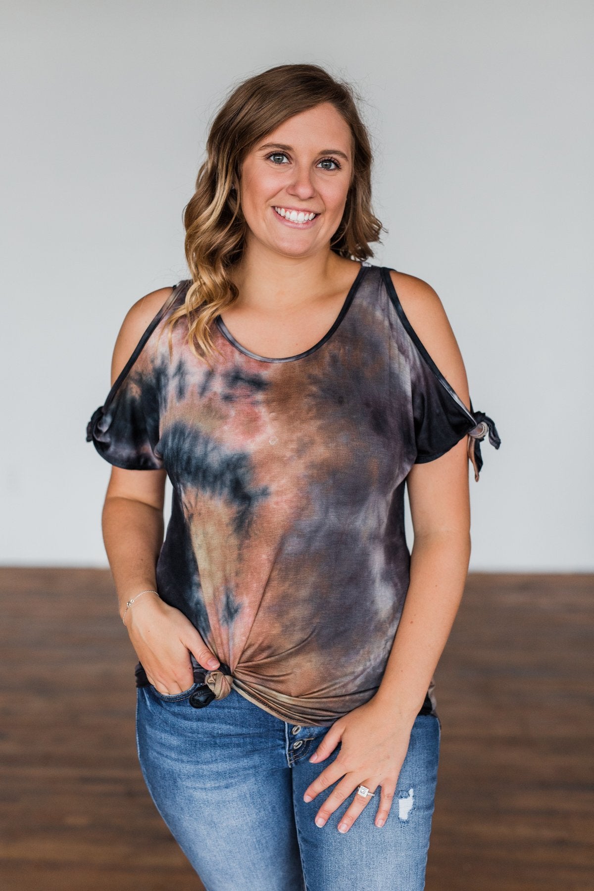 Thrill Of It Cold Shoulder Tie Dye Top- Navy & Brown