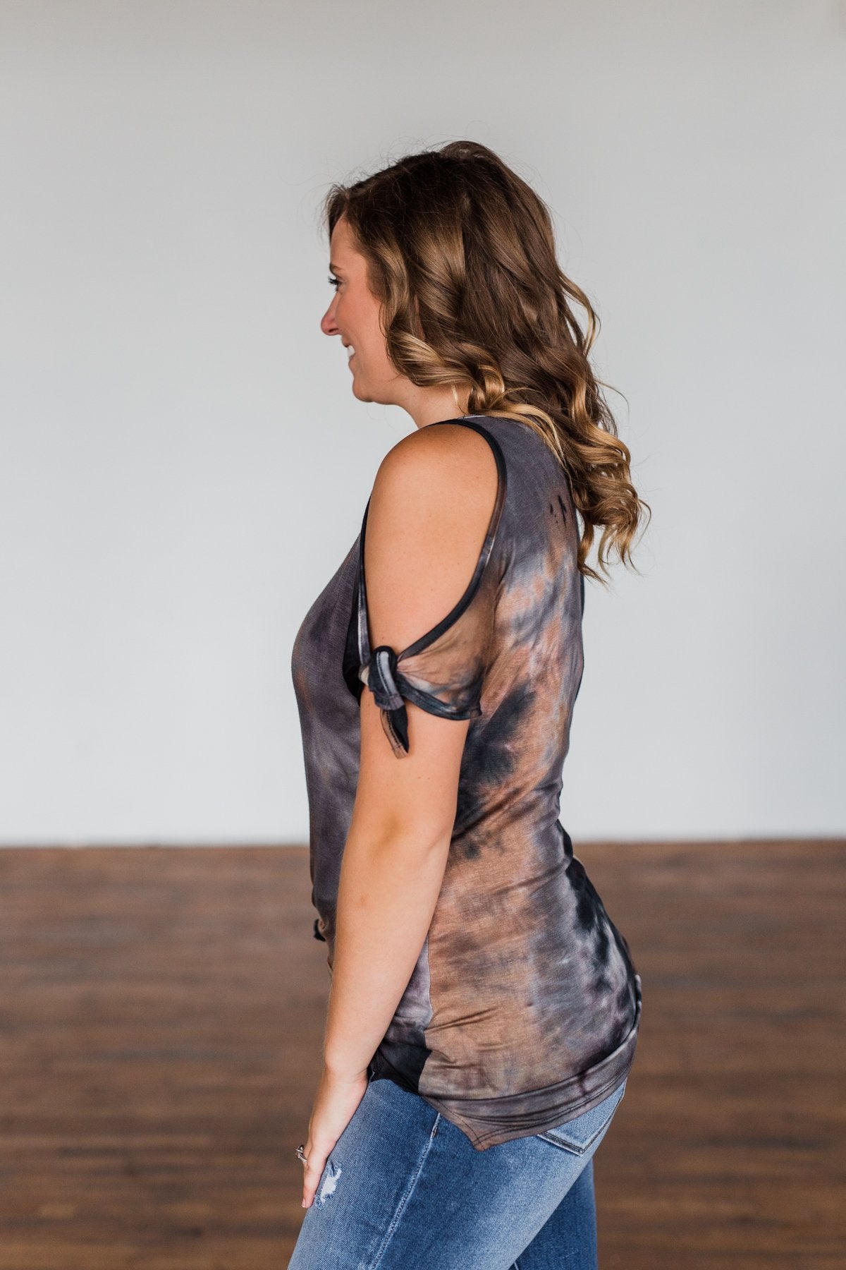 Thrill Of It Cold Shoulder Tie Dye Top- Navy & Brown