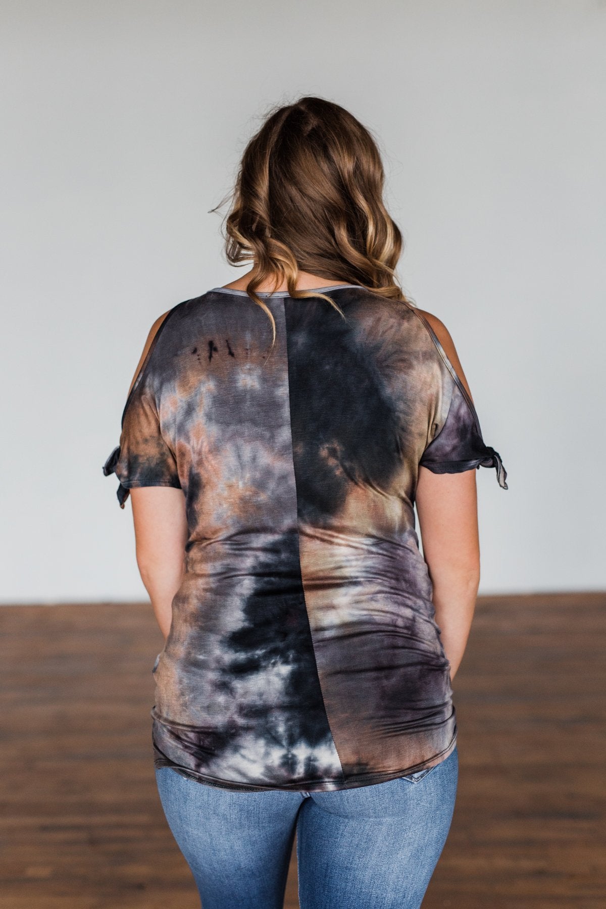 Thrill Of It Cold Shoulder Tie Dye Top- Navy & Brown