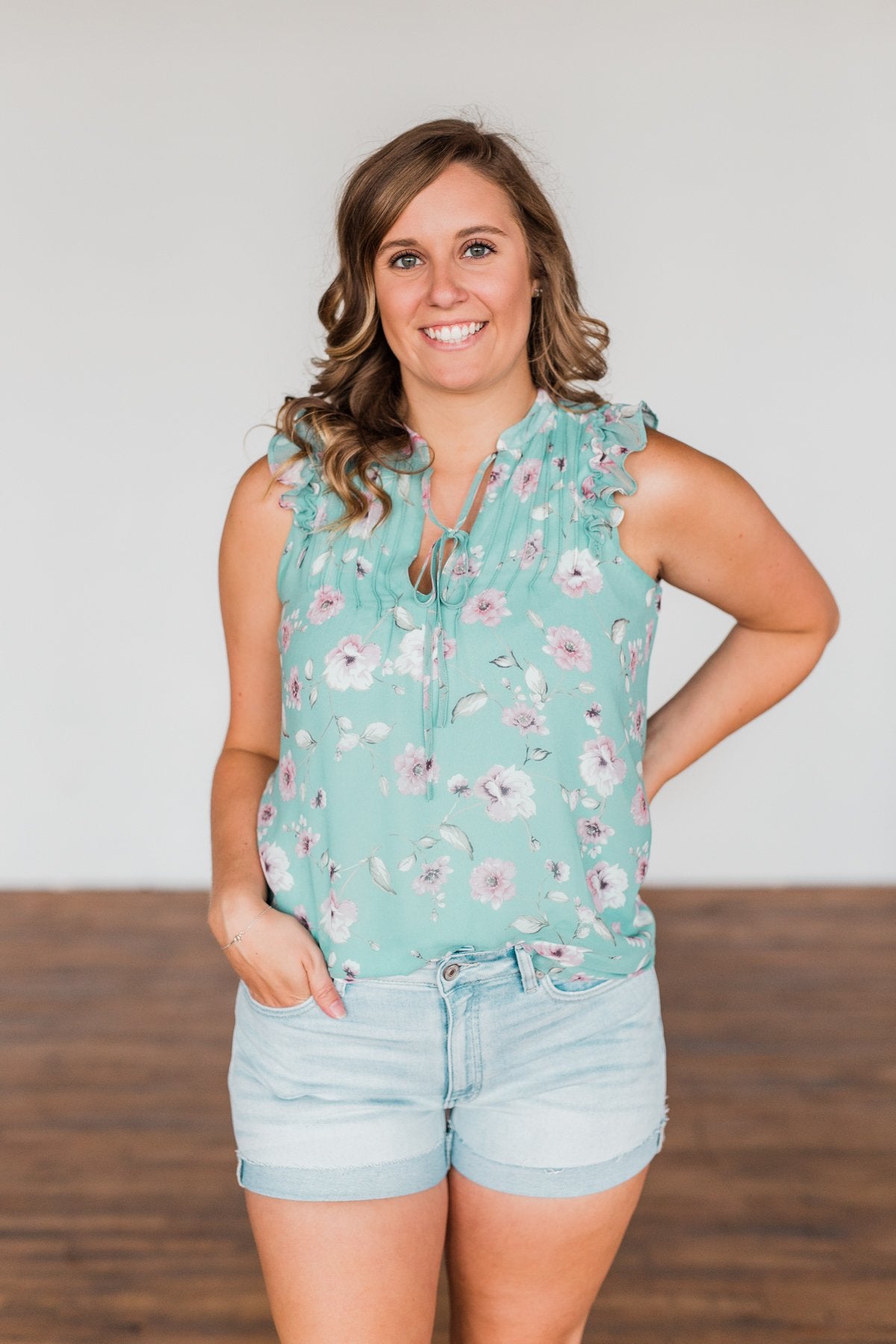 Lead My Heart Home Floral Ruffle Blouse- Soft Teal