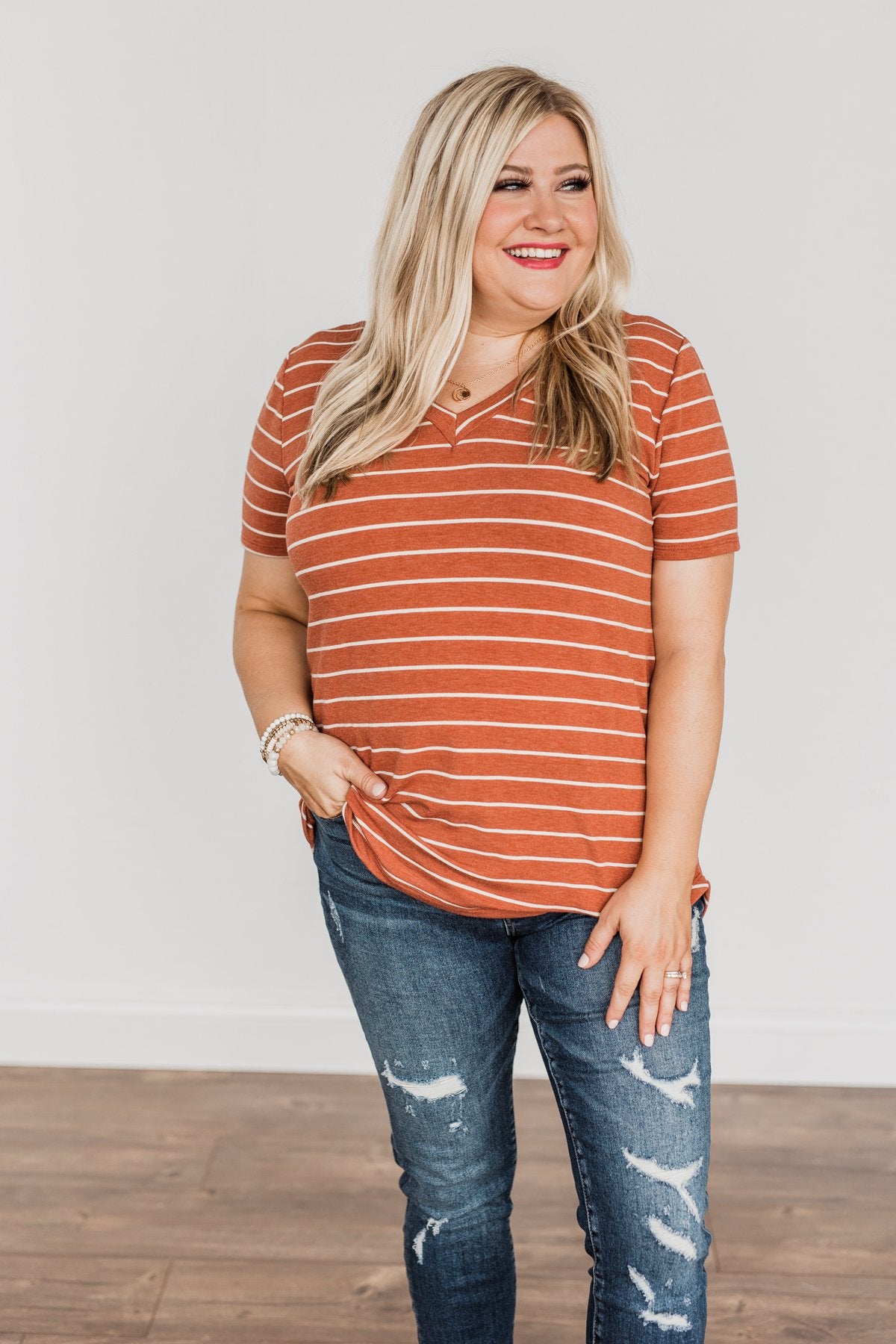 Smiles For Miles V-Neck Striped Top- Rust