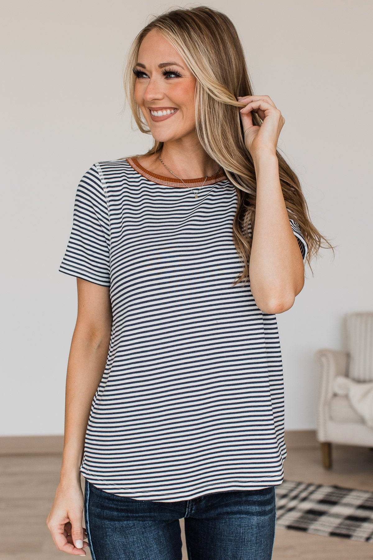 Someone To Hold Striped Top- Navy