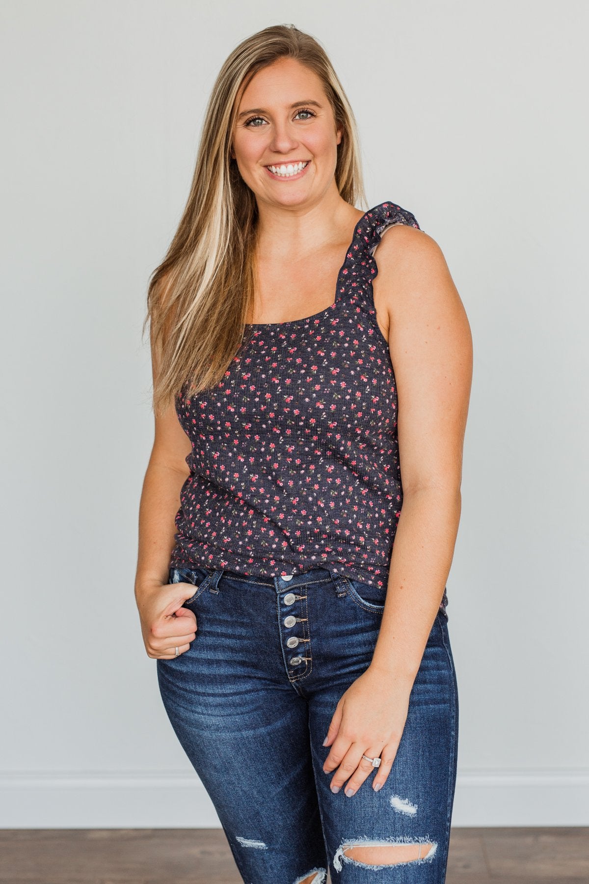 Love At First Glance Floral Tank Top- Dark Navy