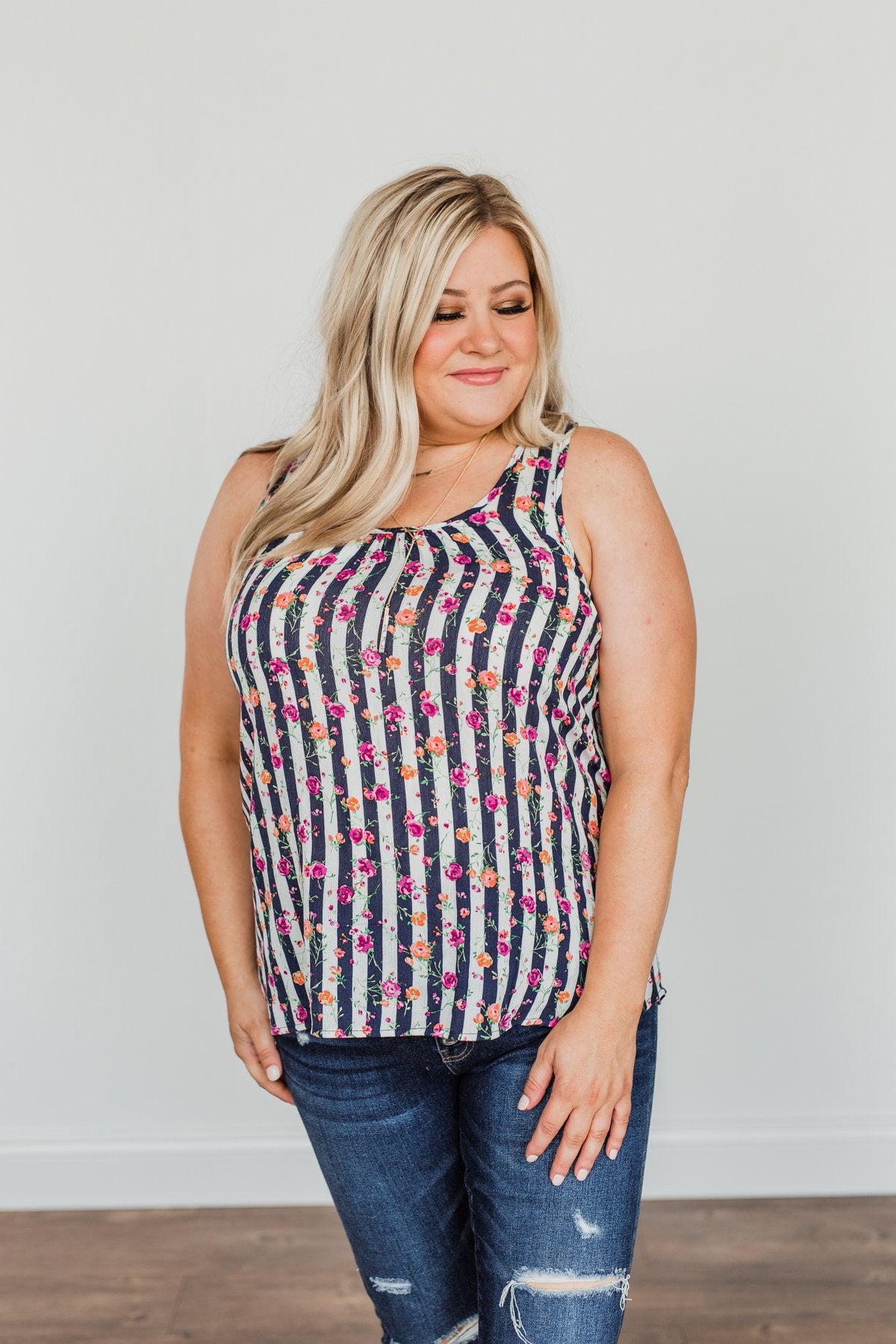 Put Your Head On My Shoulder Floral Tank Top- Navy