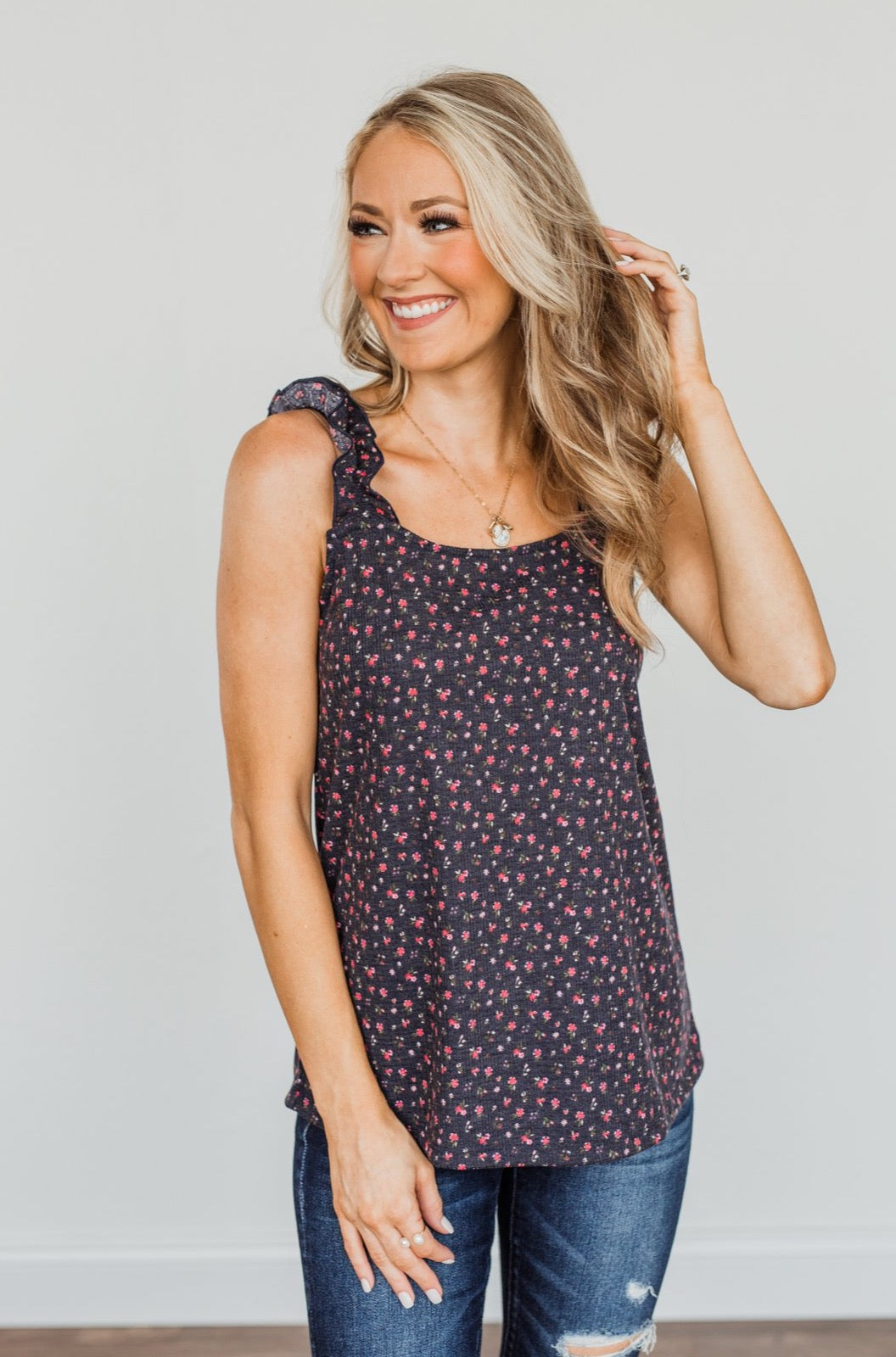 Love At First Glance Floral Tank Top- Dark Navy