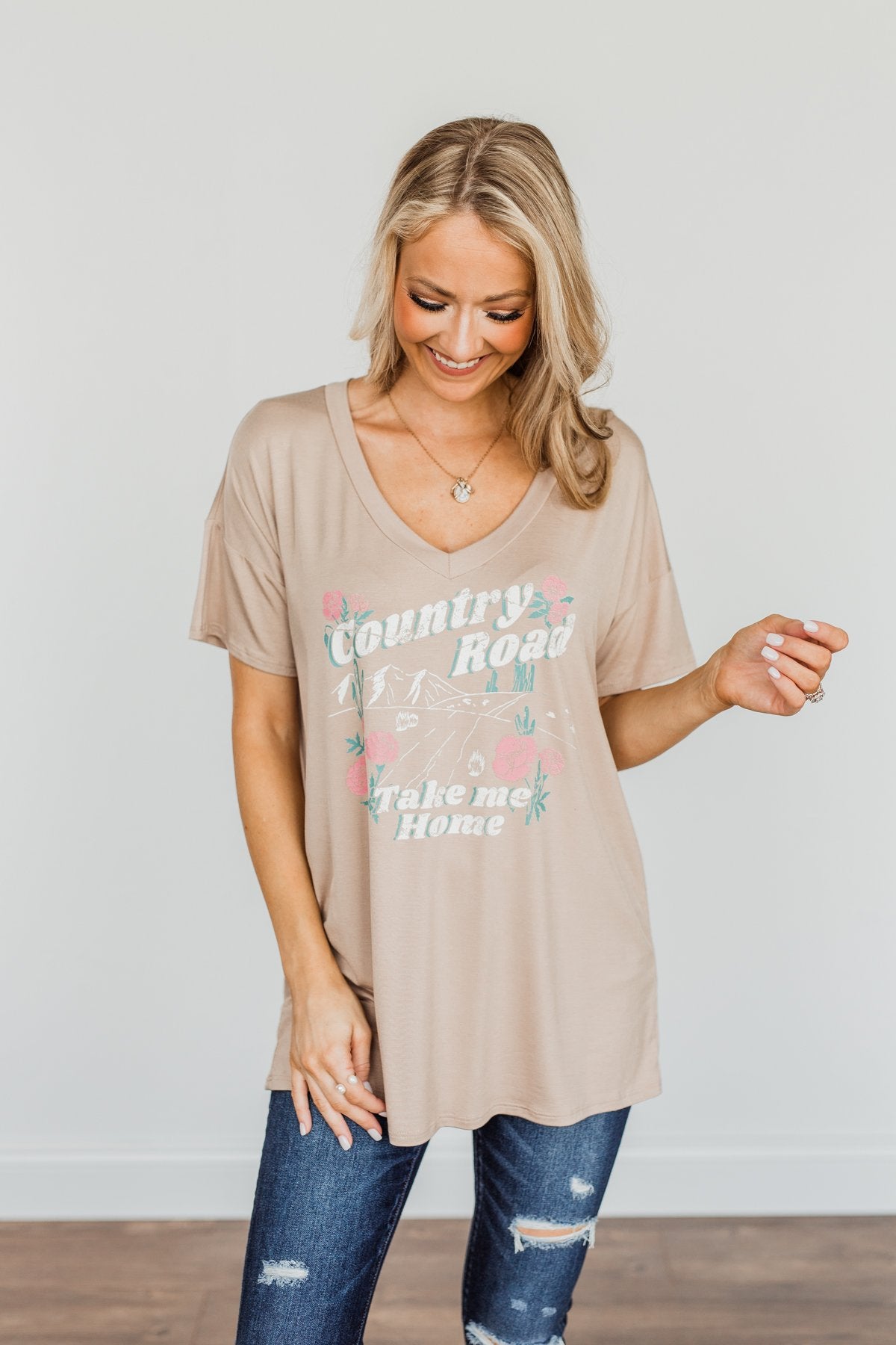 "Country Road Take Me Home" Graphic Tee- Tan