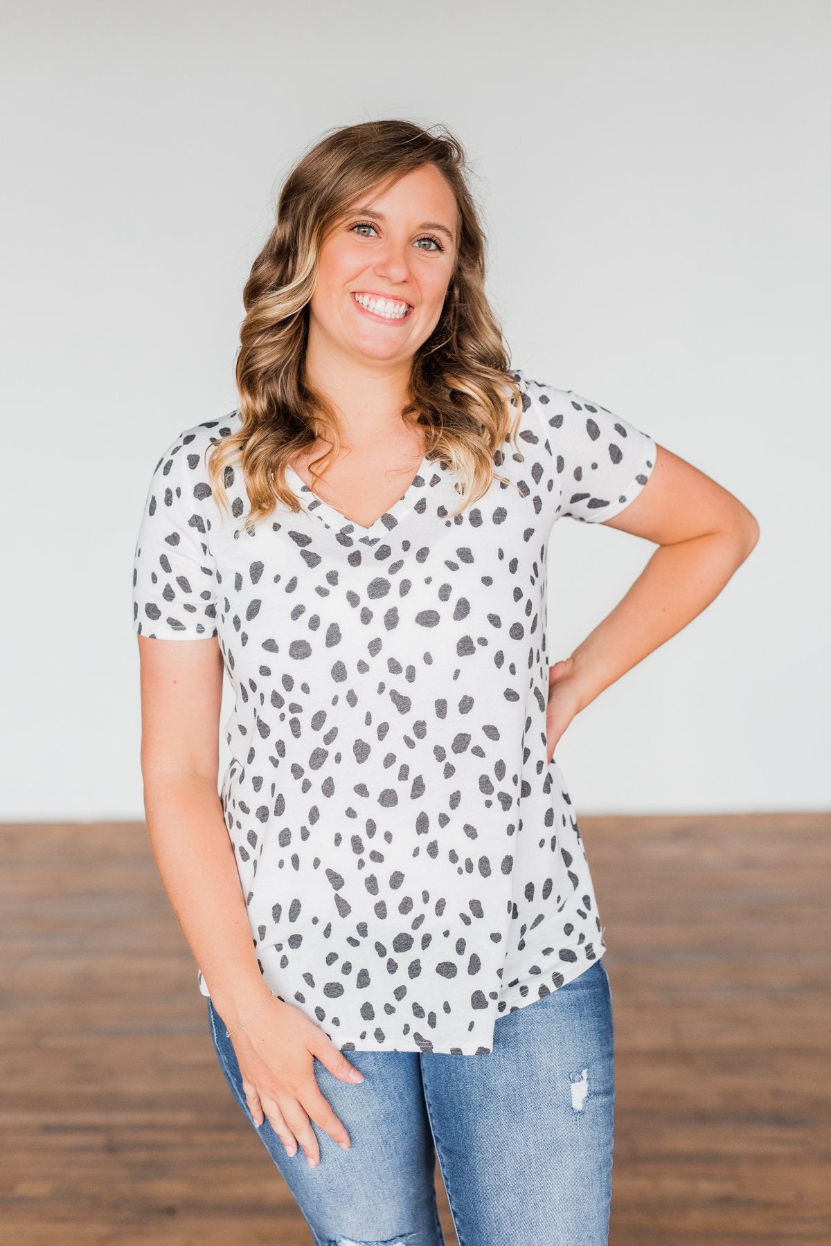 Always Be There Short Sleeve Spotted Top- Off White