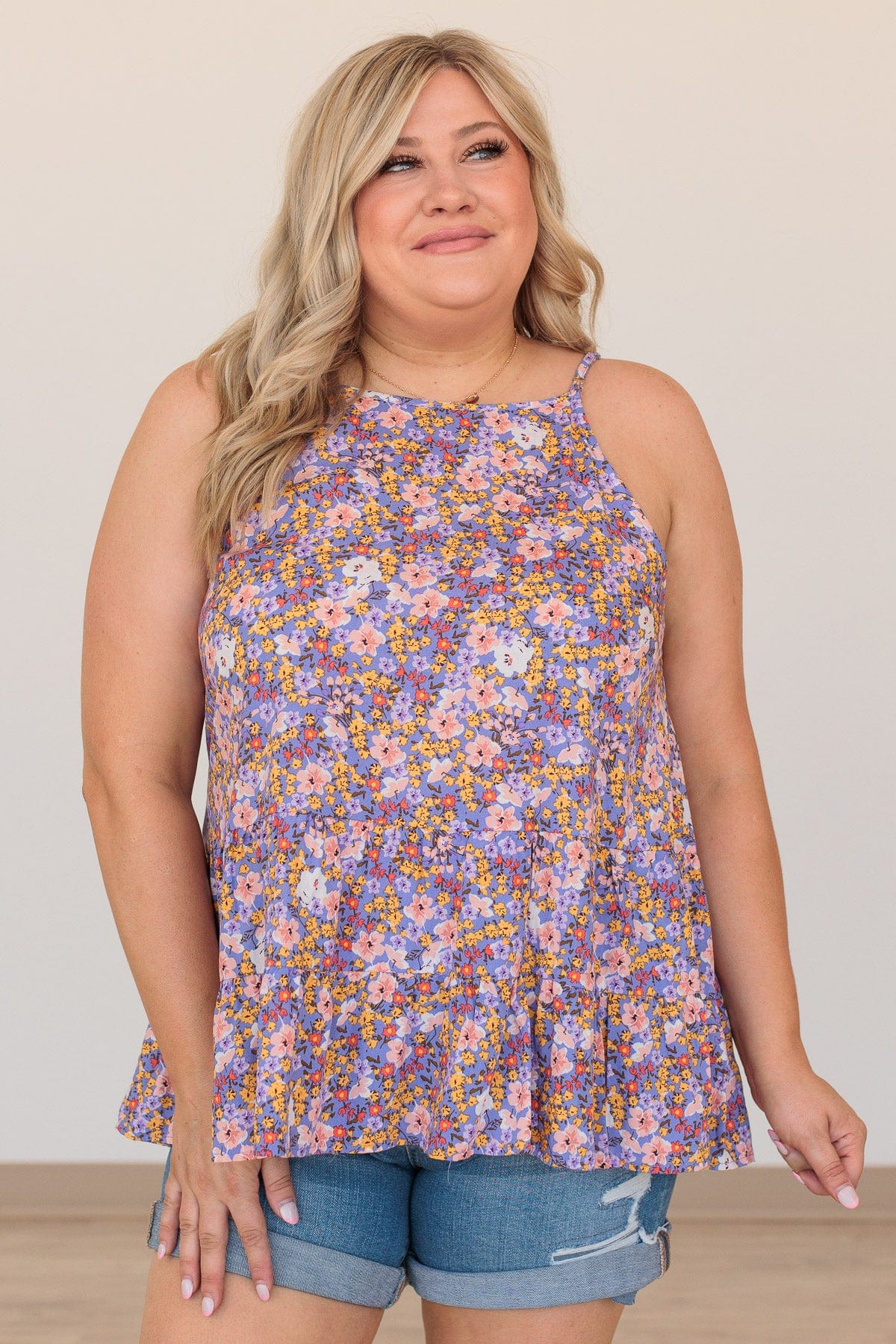 Loveliest Leaves Floral Tank- Dark Periwinkle