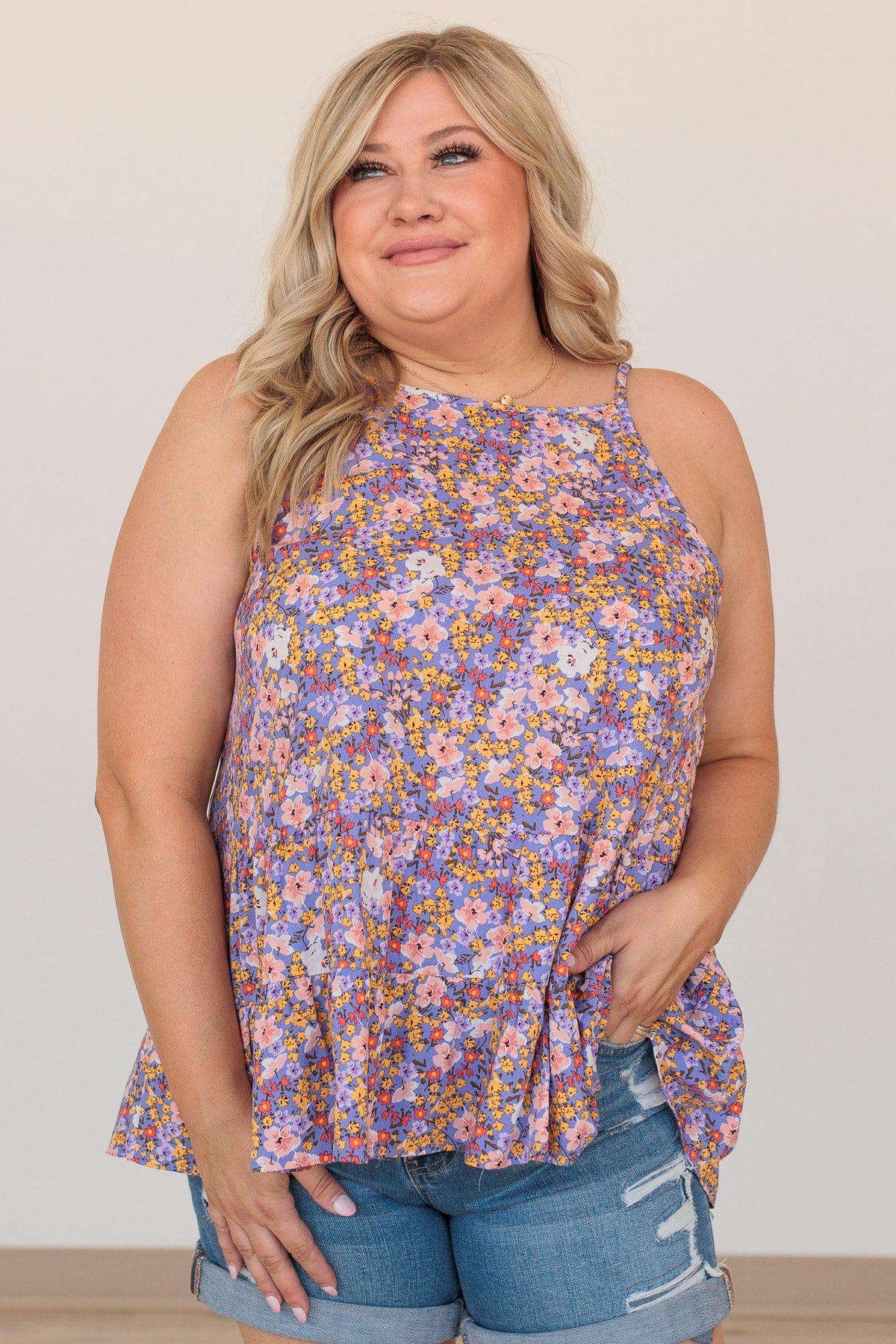 Loveliest Leaves Floral Tank- Dark Periwinkle