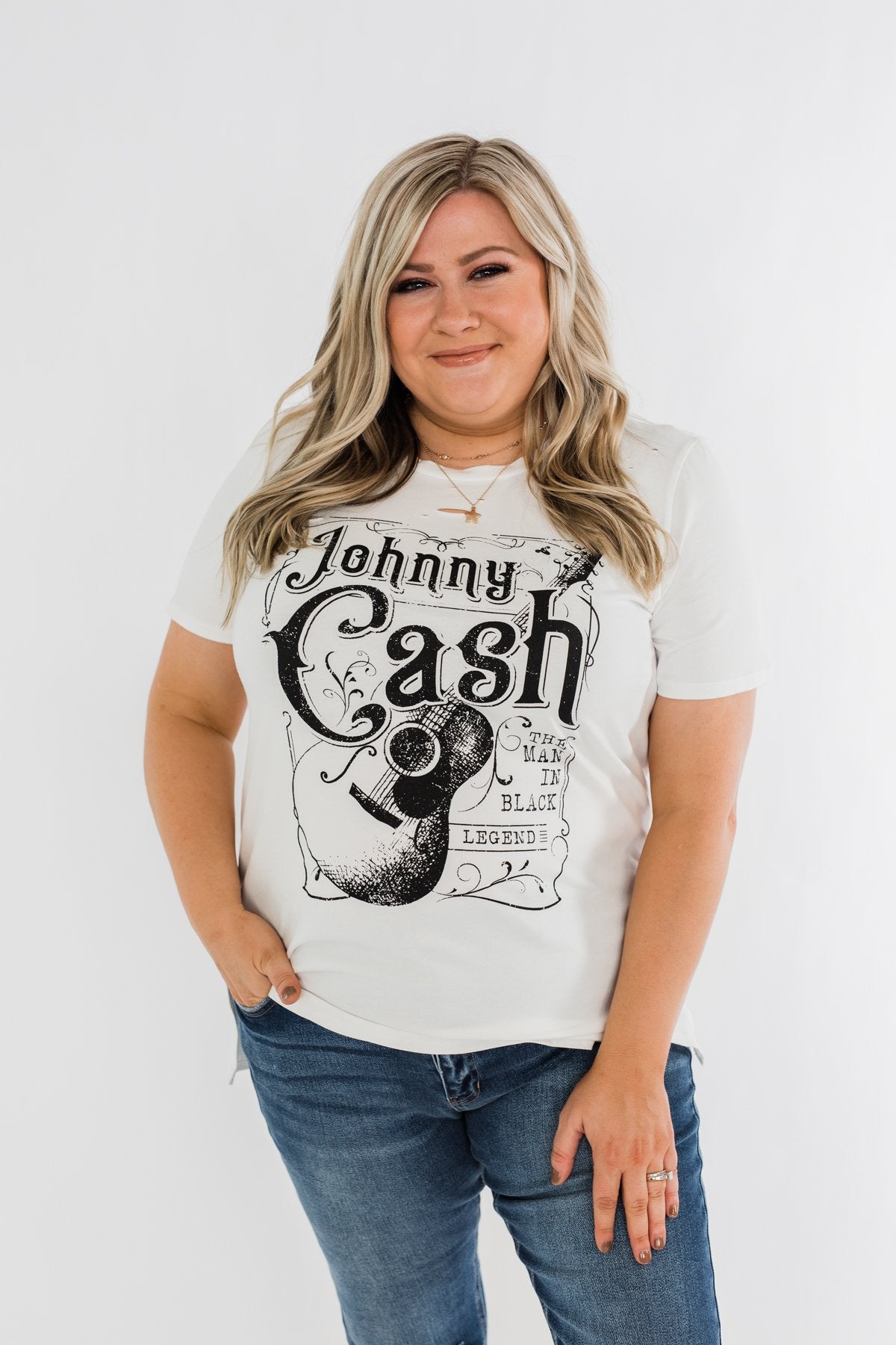 "Johnny Cash" Distressed Graphic Top- Off White
