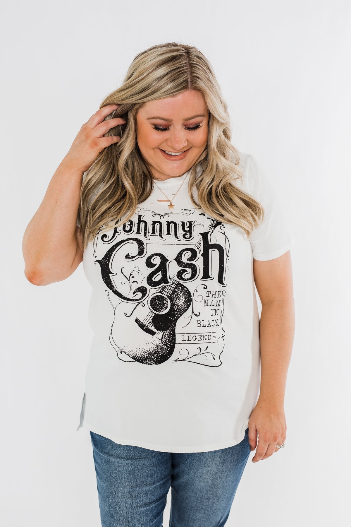 "Johnny Cash" Distressed Graphic Top- Off White