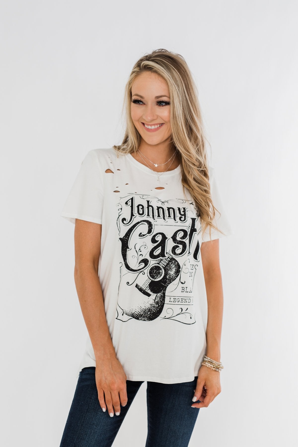 "Johnny Cash" Distressed Graphic Top- Off White