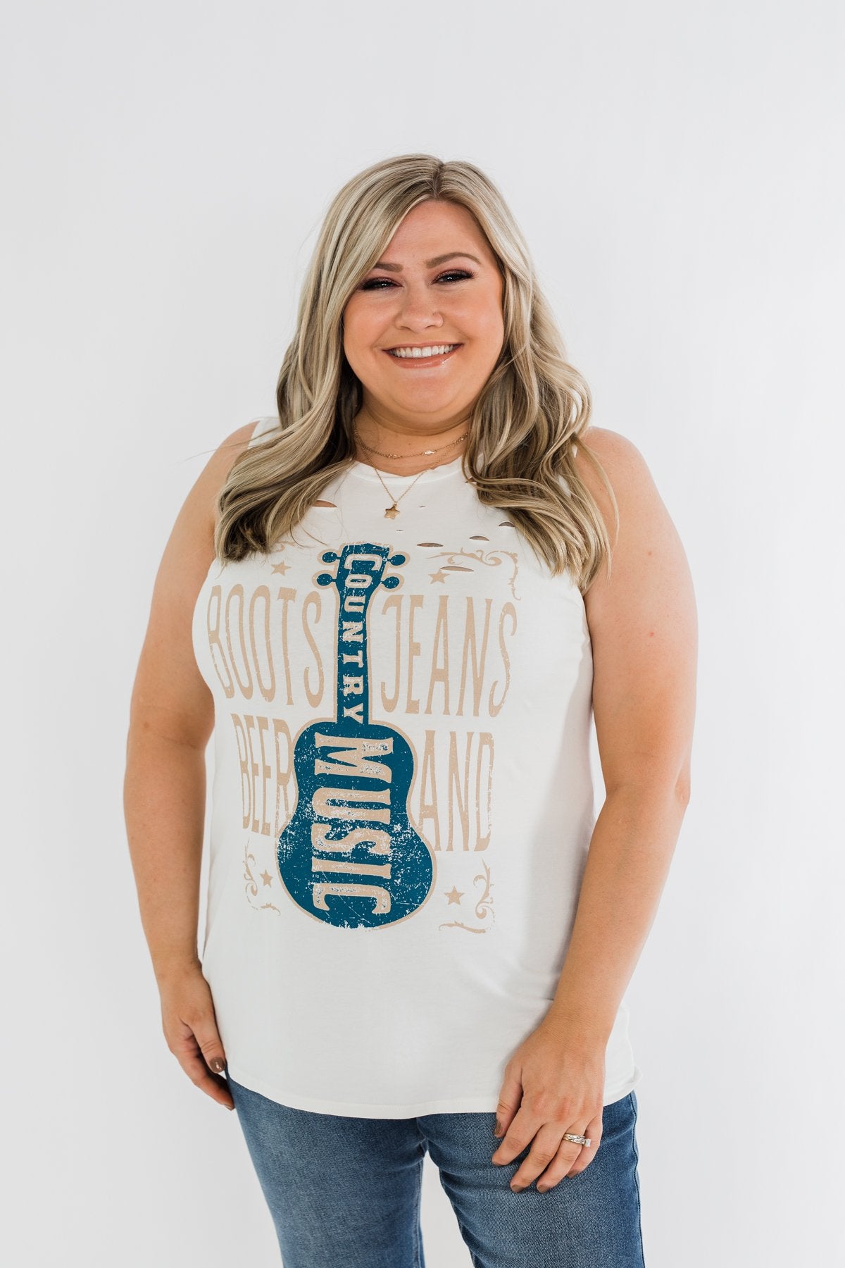 "Boots, Jeans, Beer, & Country Music" Graphic Tank Top- Ivory