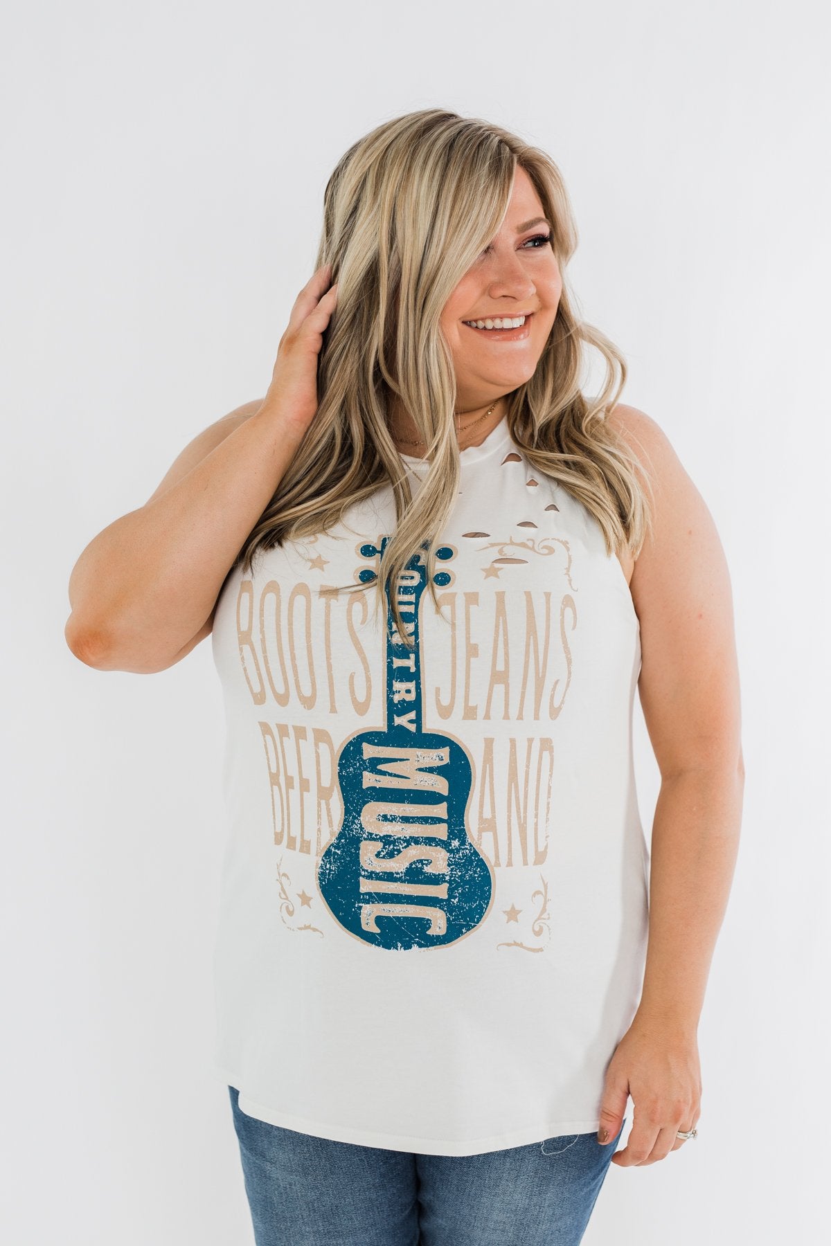 "Boots, Jeans, Beer, & Country Music" Graphic Tank Top- Ivory