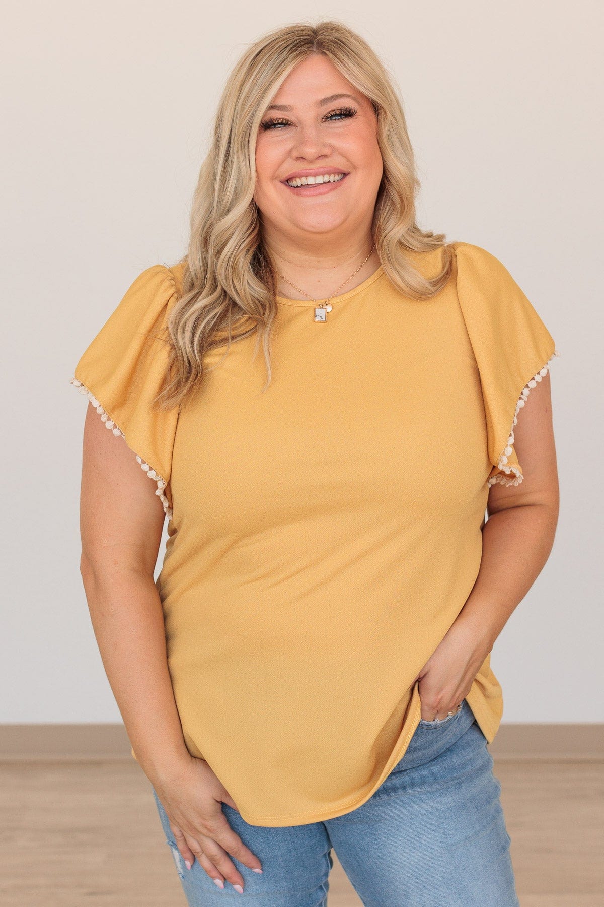 Made With Love Flutter Sleeve Top- Mustard