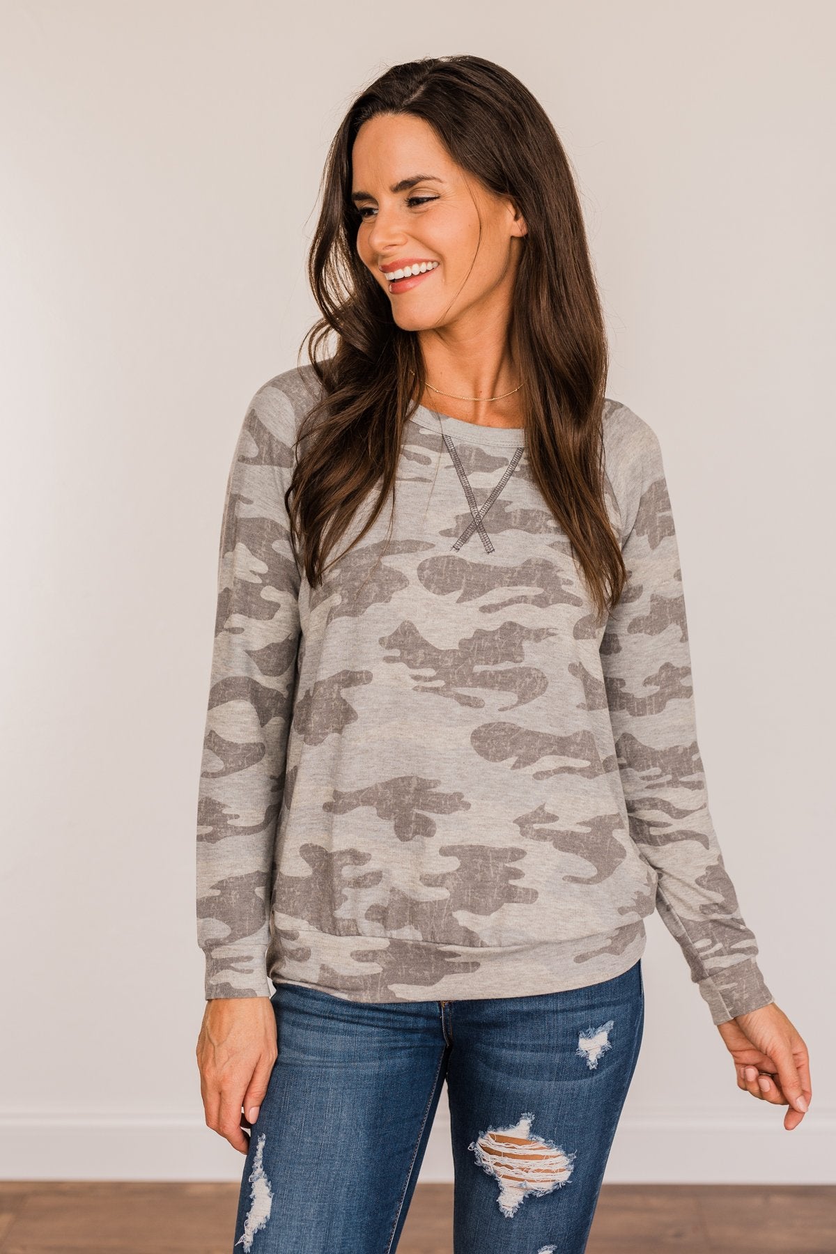 Just Go With It Long Sleeve Top- Grey Camo