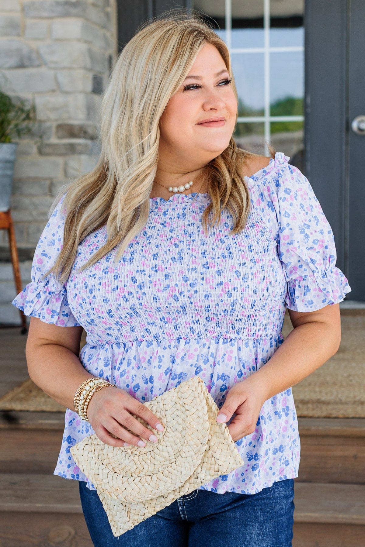 Tossing Petals Smocked Blouse- Blue