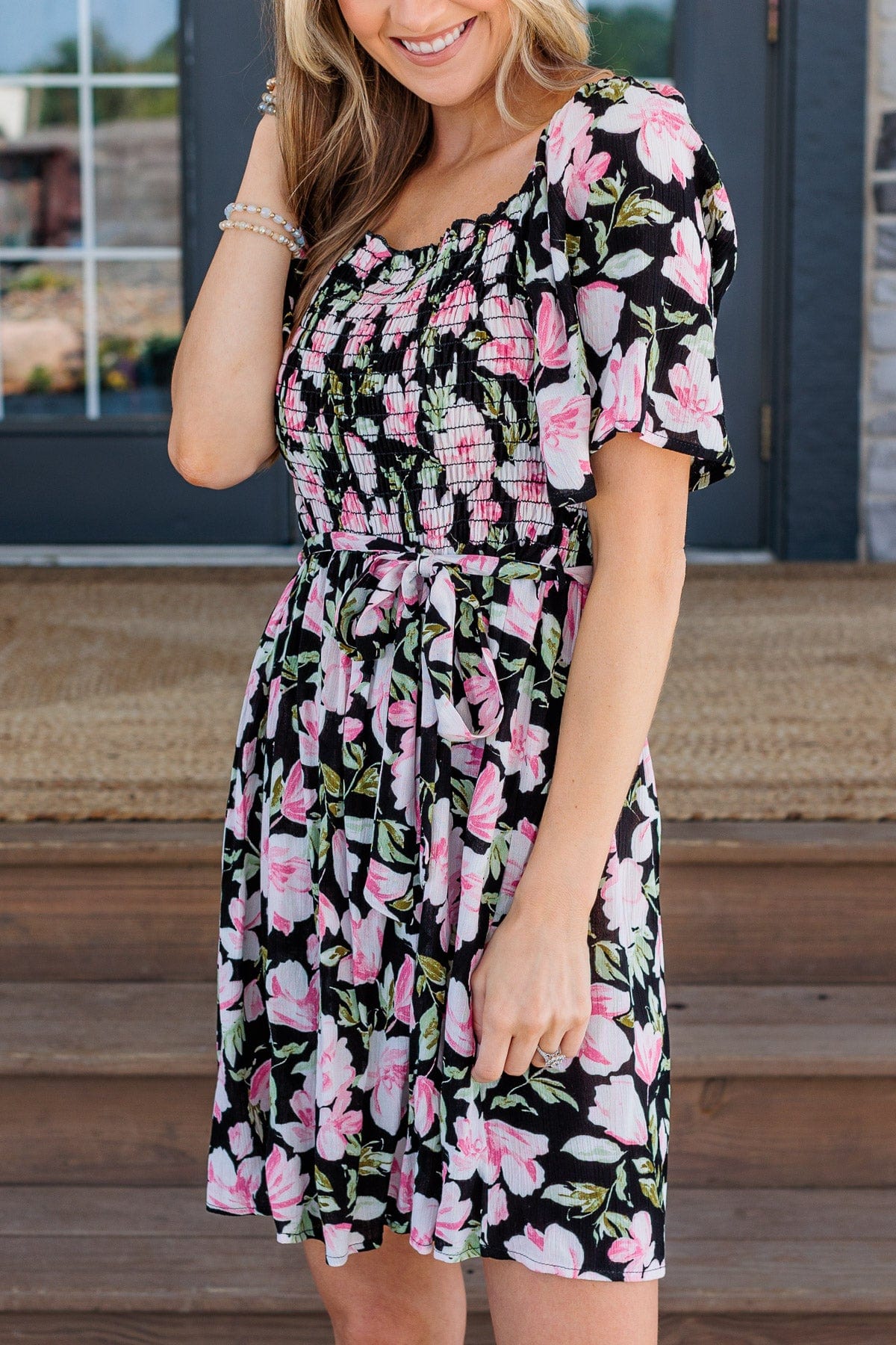 Perfectly Poised Flutter Sleeve Mini Dress- Black & Pink