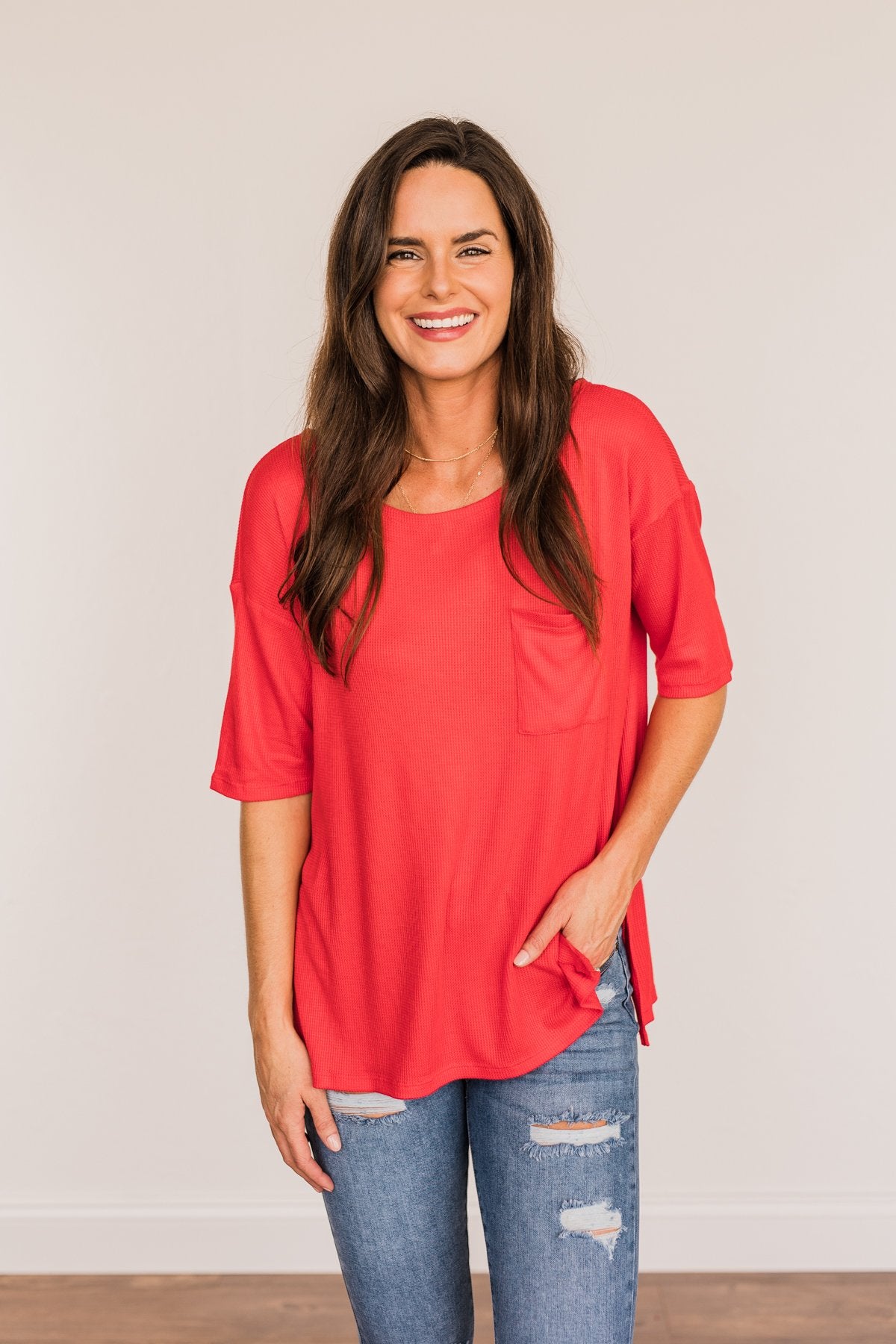 Brilliant Smiles Thermal Knit Pocket Top- Red