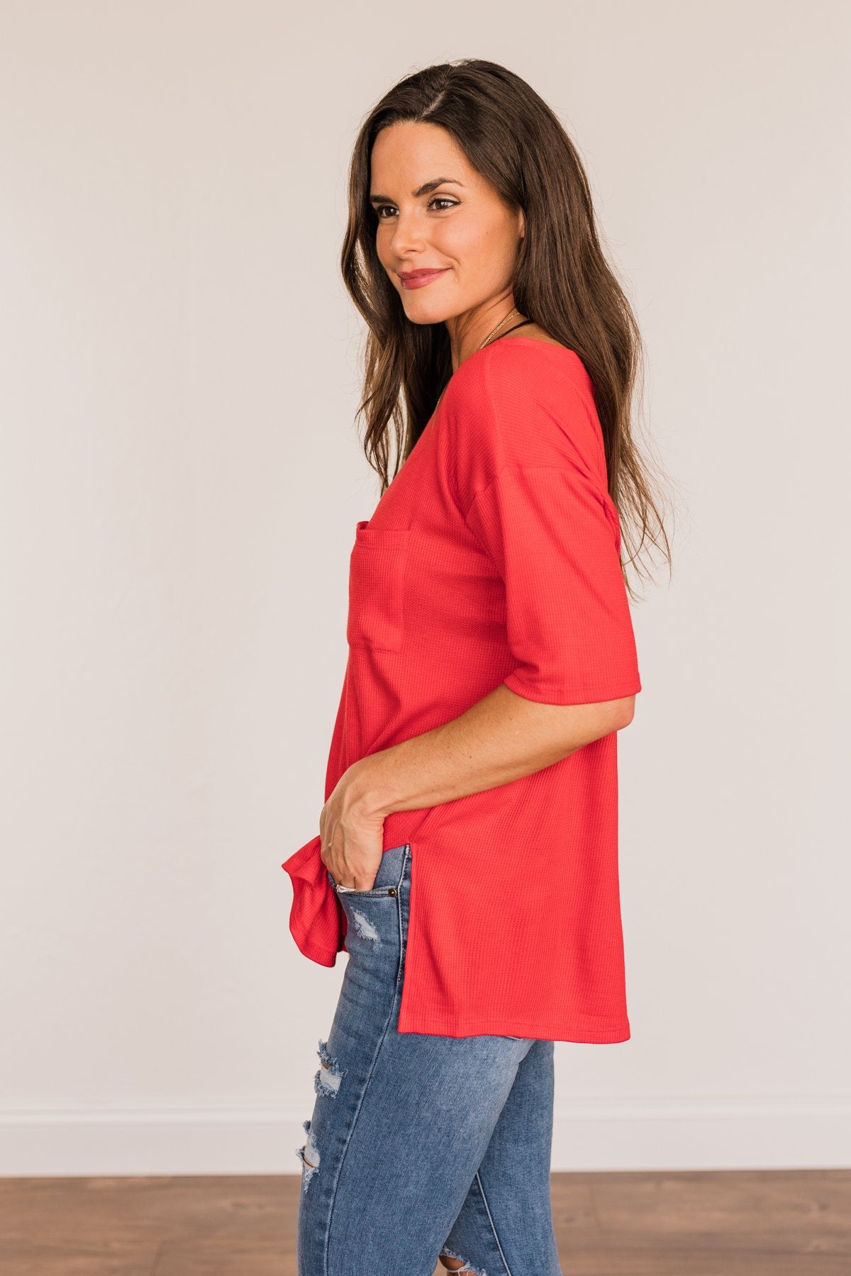 Brilliant Smiles Thermal Knit Pocket Top- Red